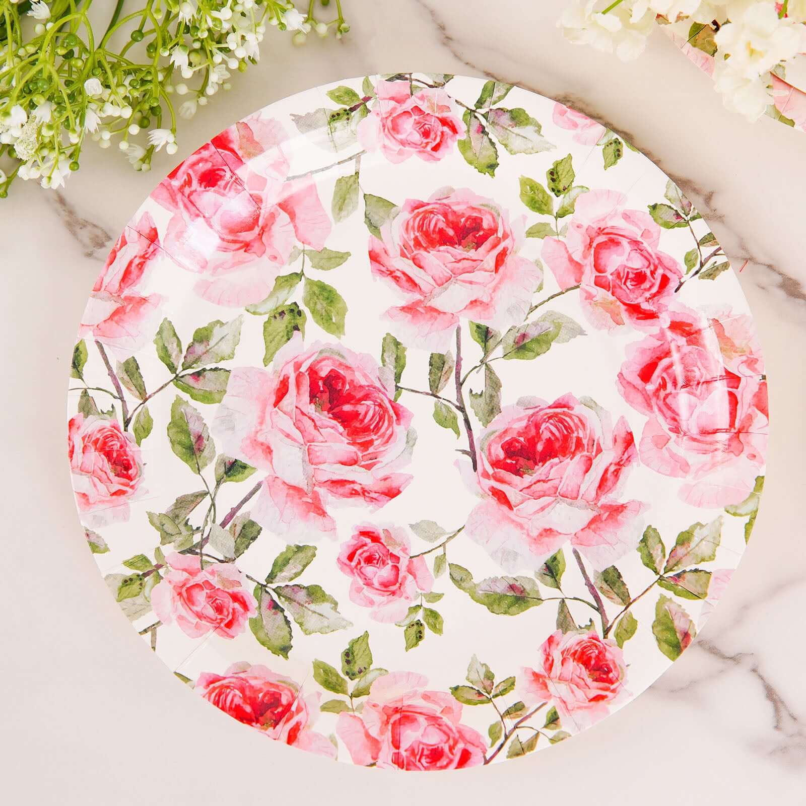 25 Pack Rose 9" Flower Bouquet Design Premium Dinner Paper Plates - 300 GSM