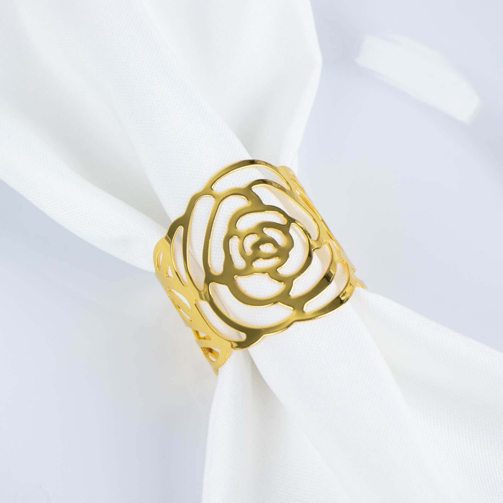 4 Pack Shiny Gold Laser Cut Rose Round Metal Napkin Rings, Decorative Flower Napkin Holders
