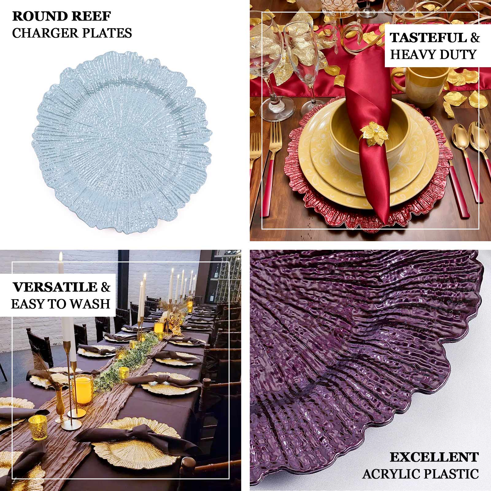 6-Pack Acrylic Plastic Round Charger Plates 13" in Transparent Dusty Blue with Reef Design, Dinner Charger Tableware
