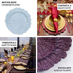 6-Pack Acrylic Plastic Round Charger Plates 13" in Transparent Dusty Blue with Reef Design, Dinner Charger Tableware