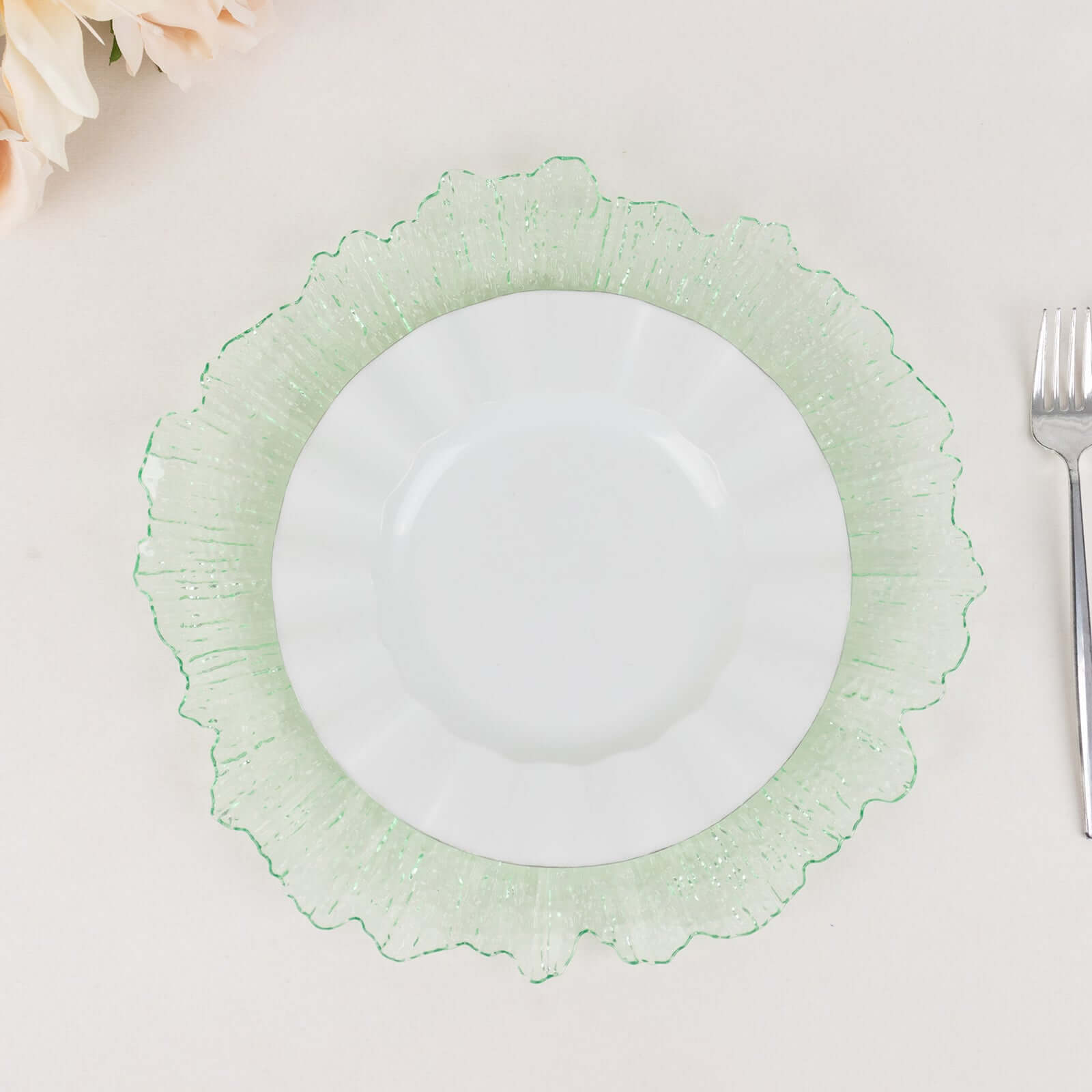 6-Pack Acrylic Plastic Round Charger Plates 13" in Transparent Green with Reef Design, Dinner Charger Tableware