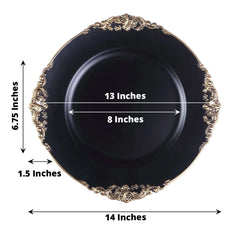 6-Pack Acrylic Round Charger Plates 13" in Matte Black with Gold Embossed Baroque Rim, Antique Decorative Dinner Party Charger Tableware