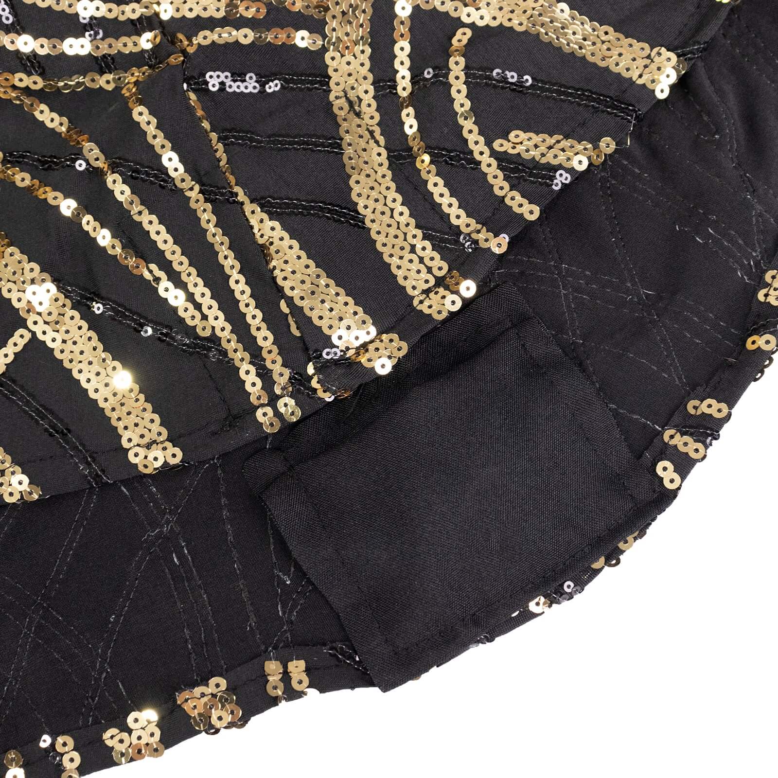 Spandex 32" Round Cocktail Table Cover Black/Gold with Wave Embroidered Sequins - Glamorous Design for Upscale Events