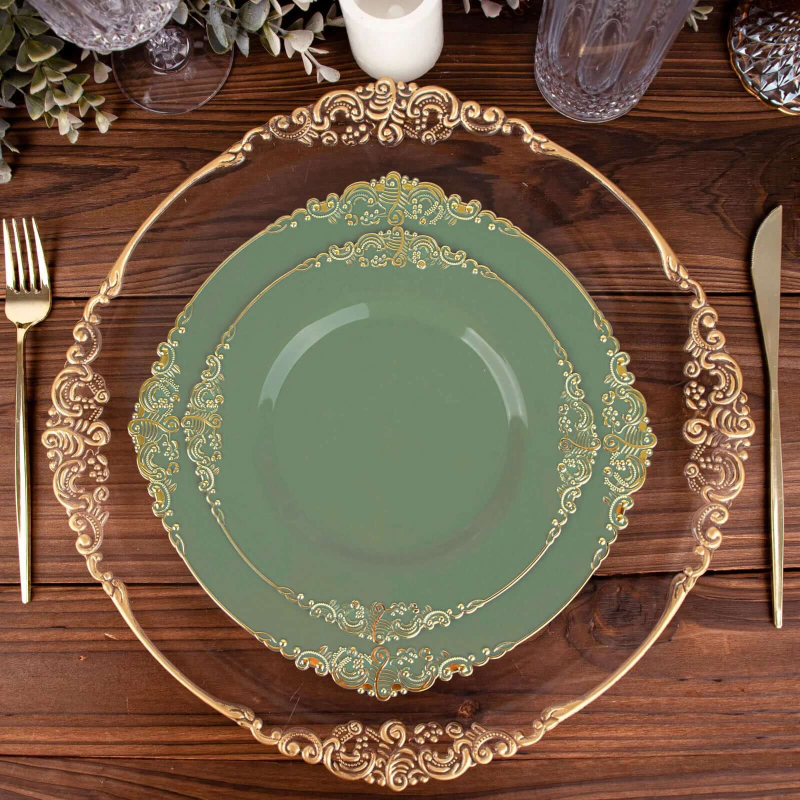 10-Pack Plastic 8" Round Dessert Plates in Dusty Sage Green with Gold Leaf Embossed Rim - Disposable Vintage Baroque Style Salad Plates