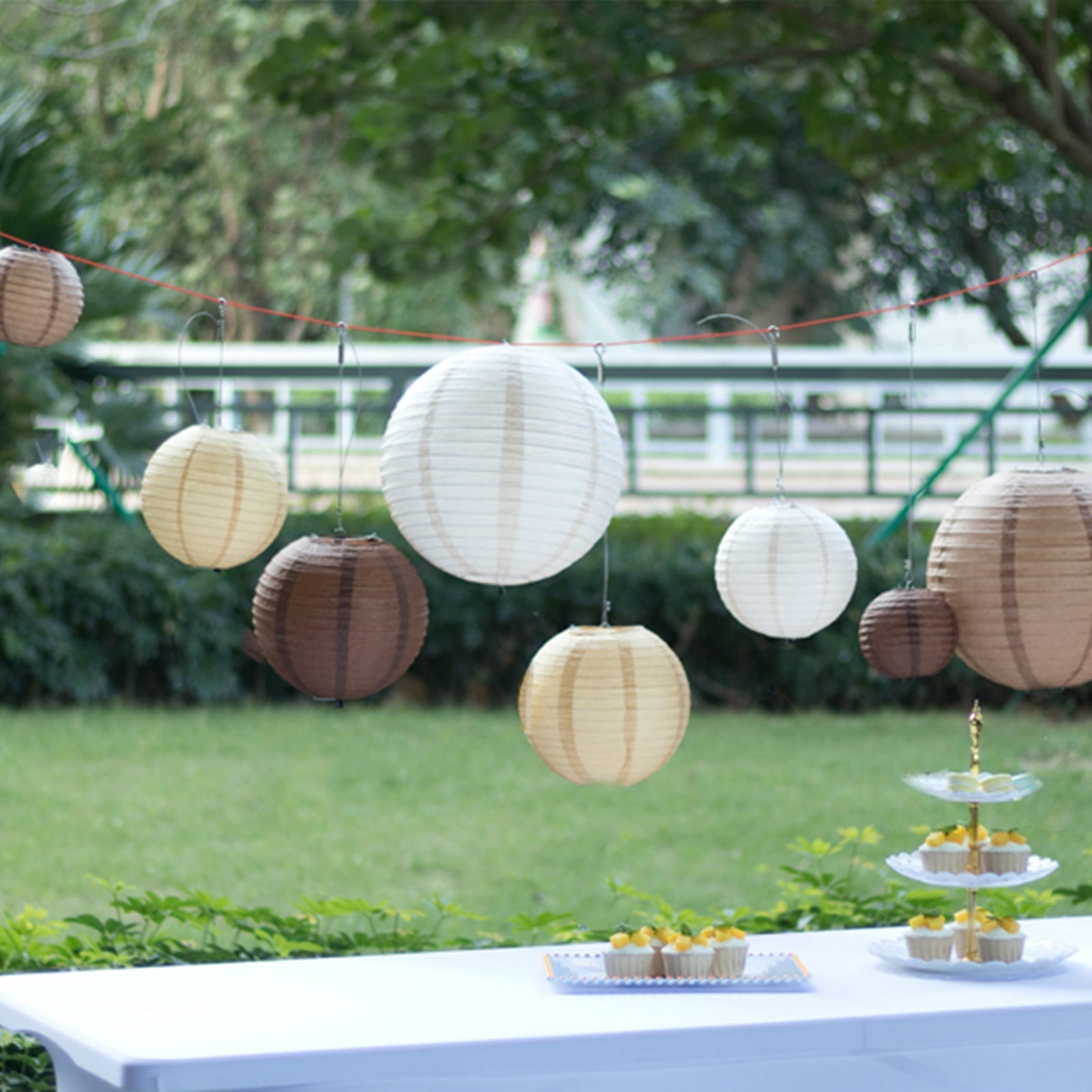 Set of 8 Natural Brown Hanging Paper Lanterns Assorted Sizes, Decorative Round Chinese Sky Lanterns - 6",8",10",14"