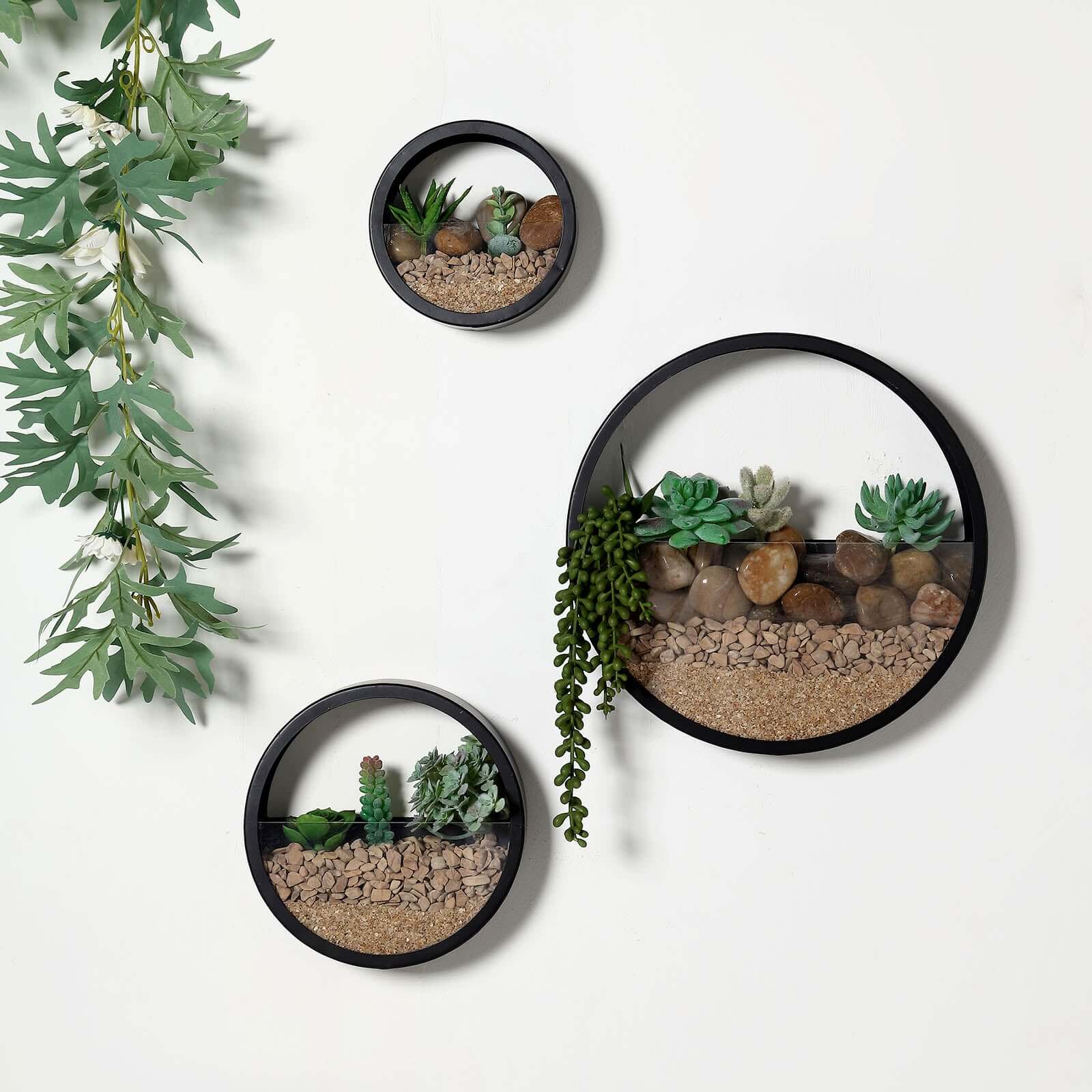 Set of 3 Black Half Moon Wall Planters, Round Metal Wall Hanging Planter, Modern Indoor Outdoor Terrarium - 6",8",12"