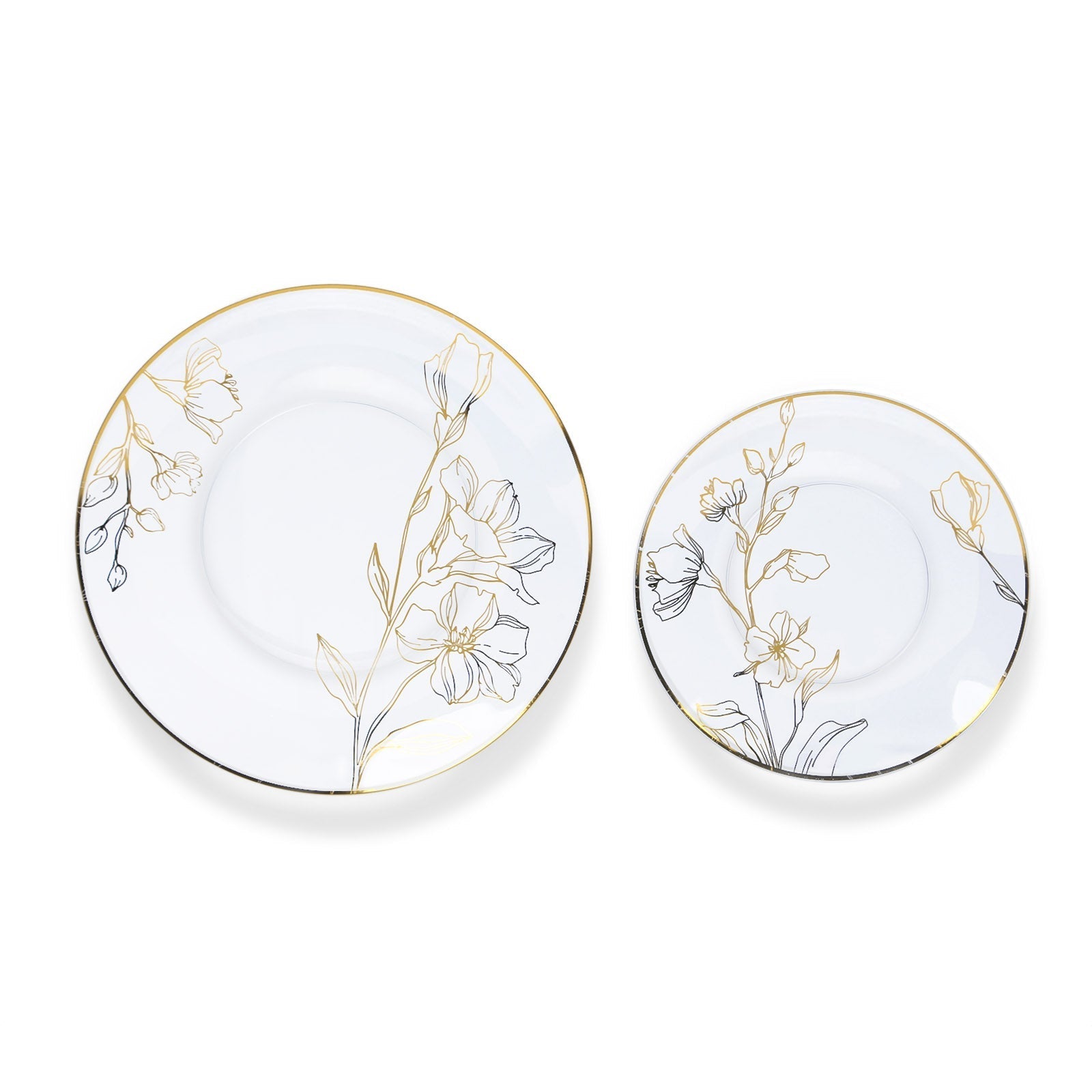 Set of 20 Plastic Round Dinner and Dessert Plates in Clear with Metallic Gold Floral Design - Stylish Disposable Dinnerware 8", 10"
