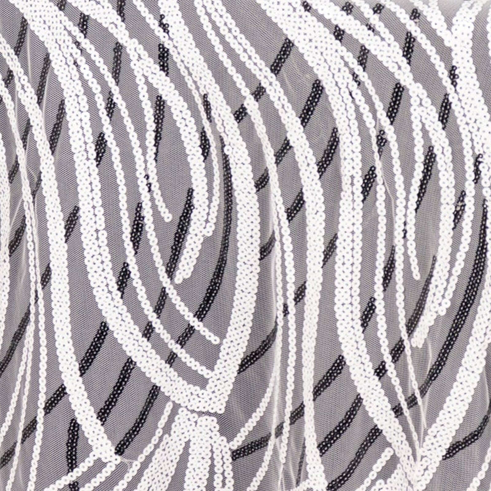 Sequin Mesh 120" Round Tablecloth White Black - Seamless Wave Embroidered Table Cover