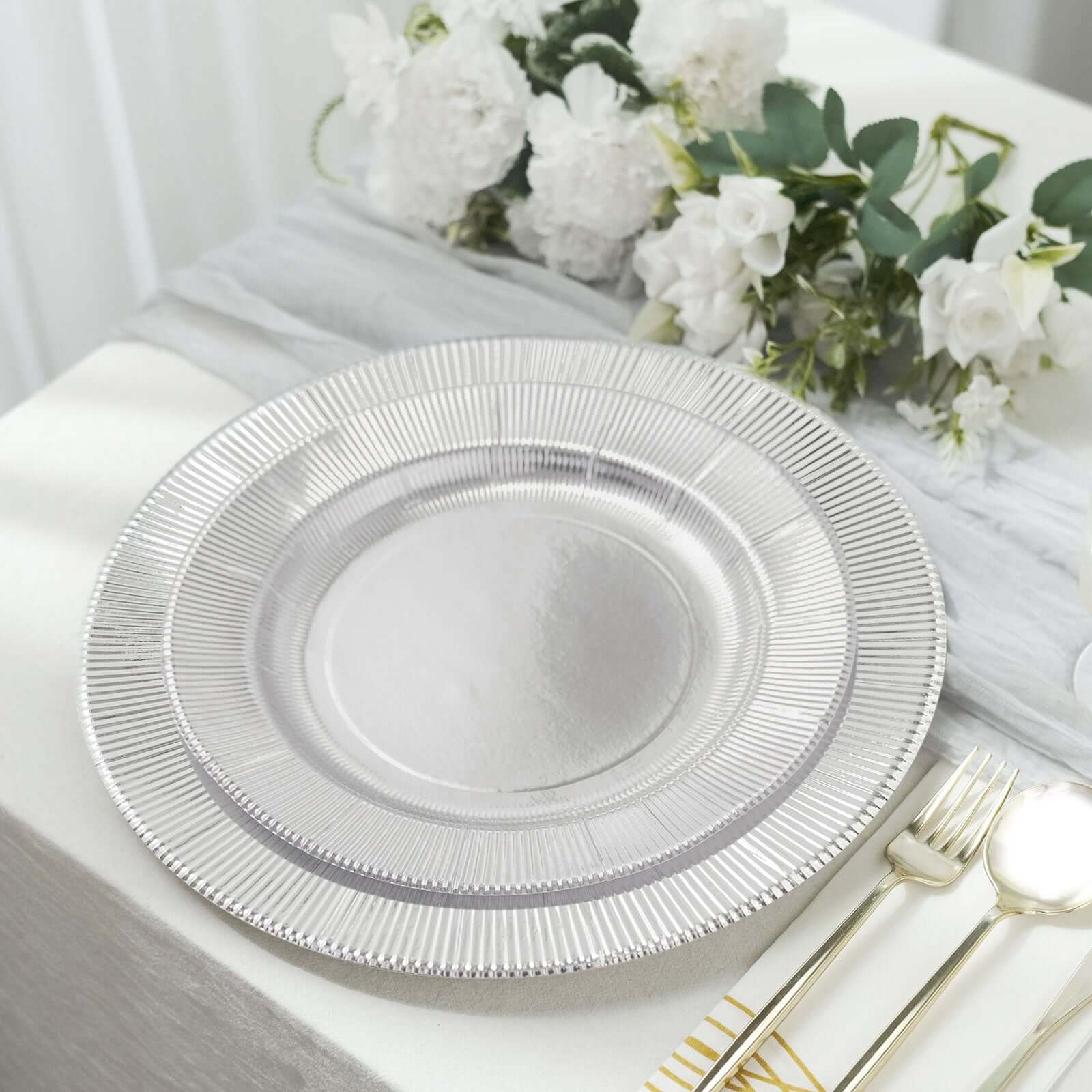 25-Pack Disposable Round Charger Plates in Metallic Silver Sunray Design - 350GSM Heavy Duty Paper Chargers 13"