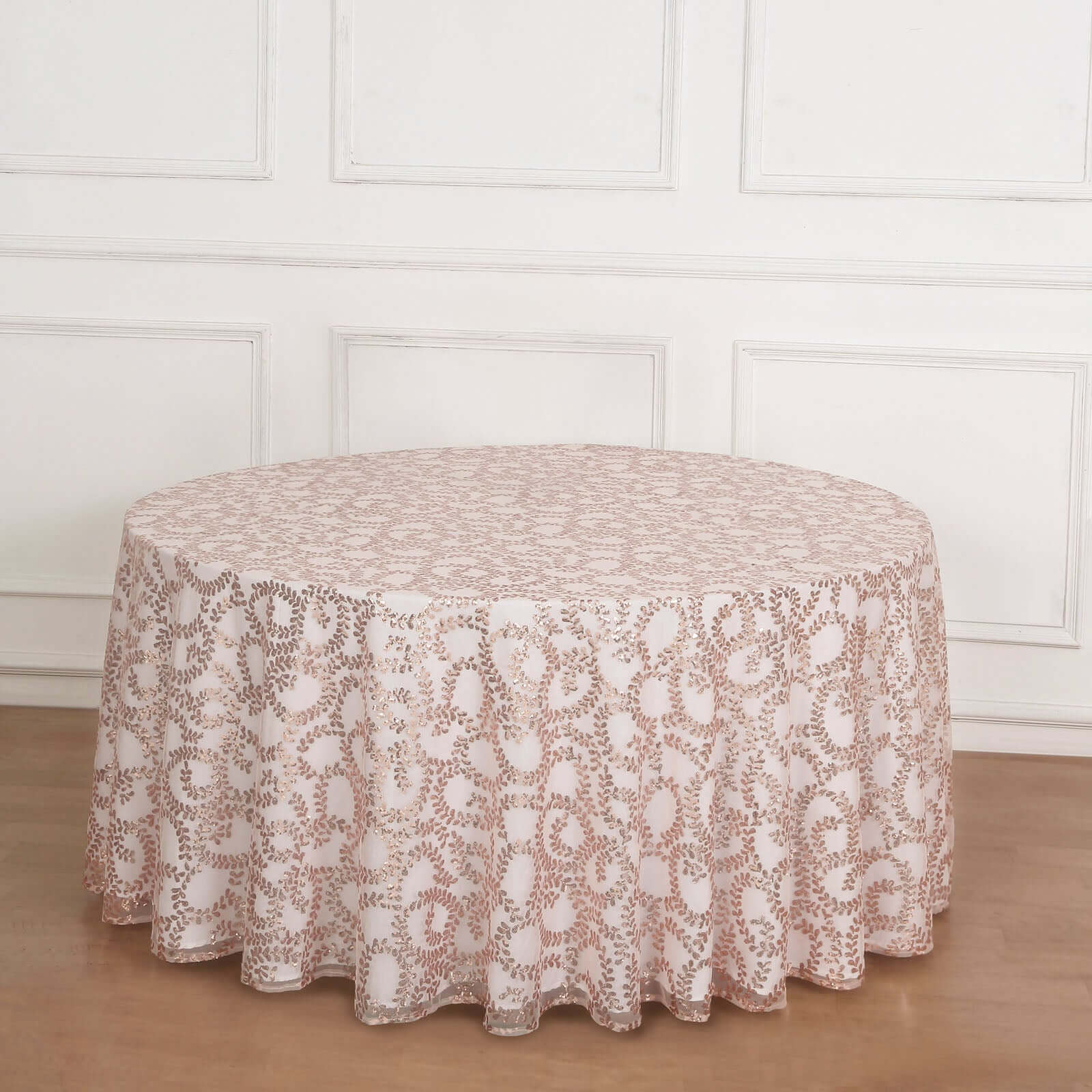 Tulle 120" Round Tablecloth Rose Gold - Seamless Sequin Leaf Embroidered Table Cover