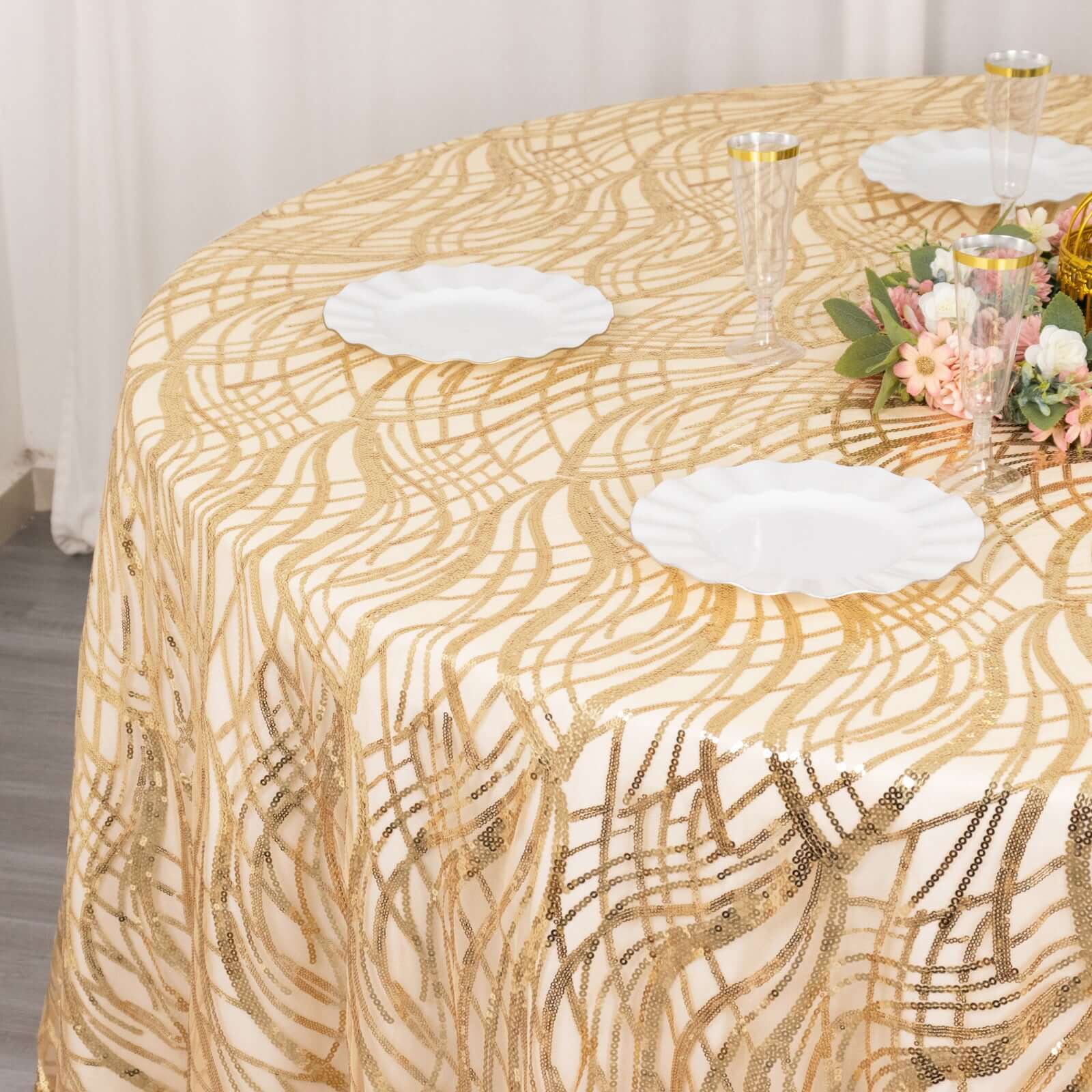 Sequin Mesh 120" Round Tablecloth Champagne - Seamless Wave Embroidered Table Cover