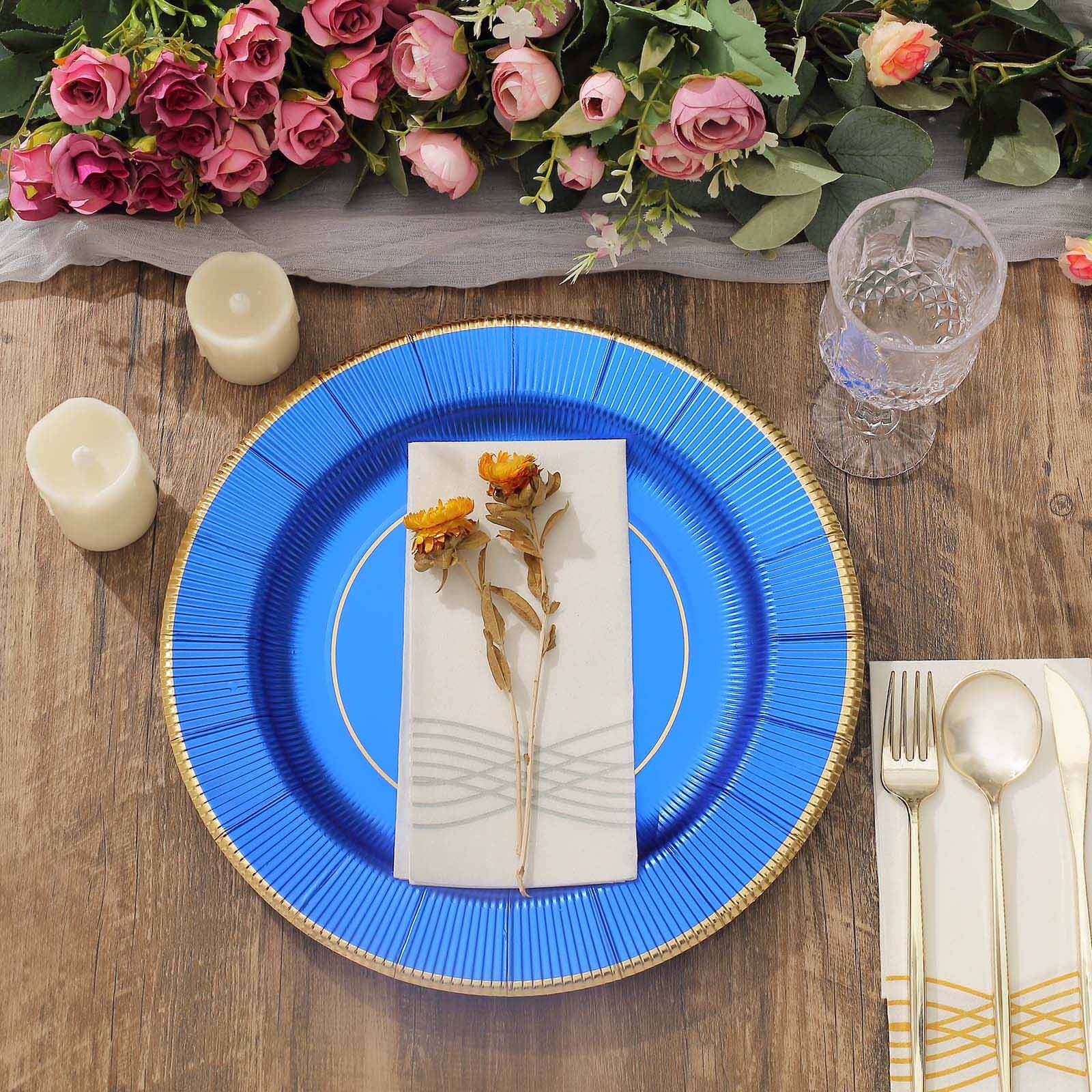 25-Pack Disposable Round Charger Plates in Royal Blue Sunray Design with Gold Rim - 350GSM Heavy Duty Paper Chargers 13"