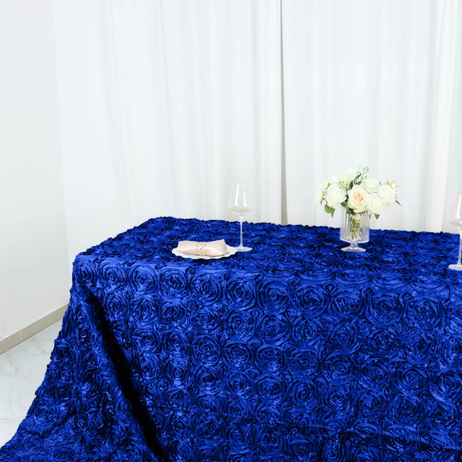 Satin 90"x156" Rectangle Tablecloth Royal Blue - Grandiose 3D Rosette Table Cover with Seamless Finish