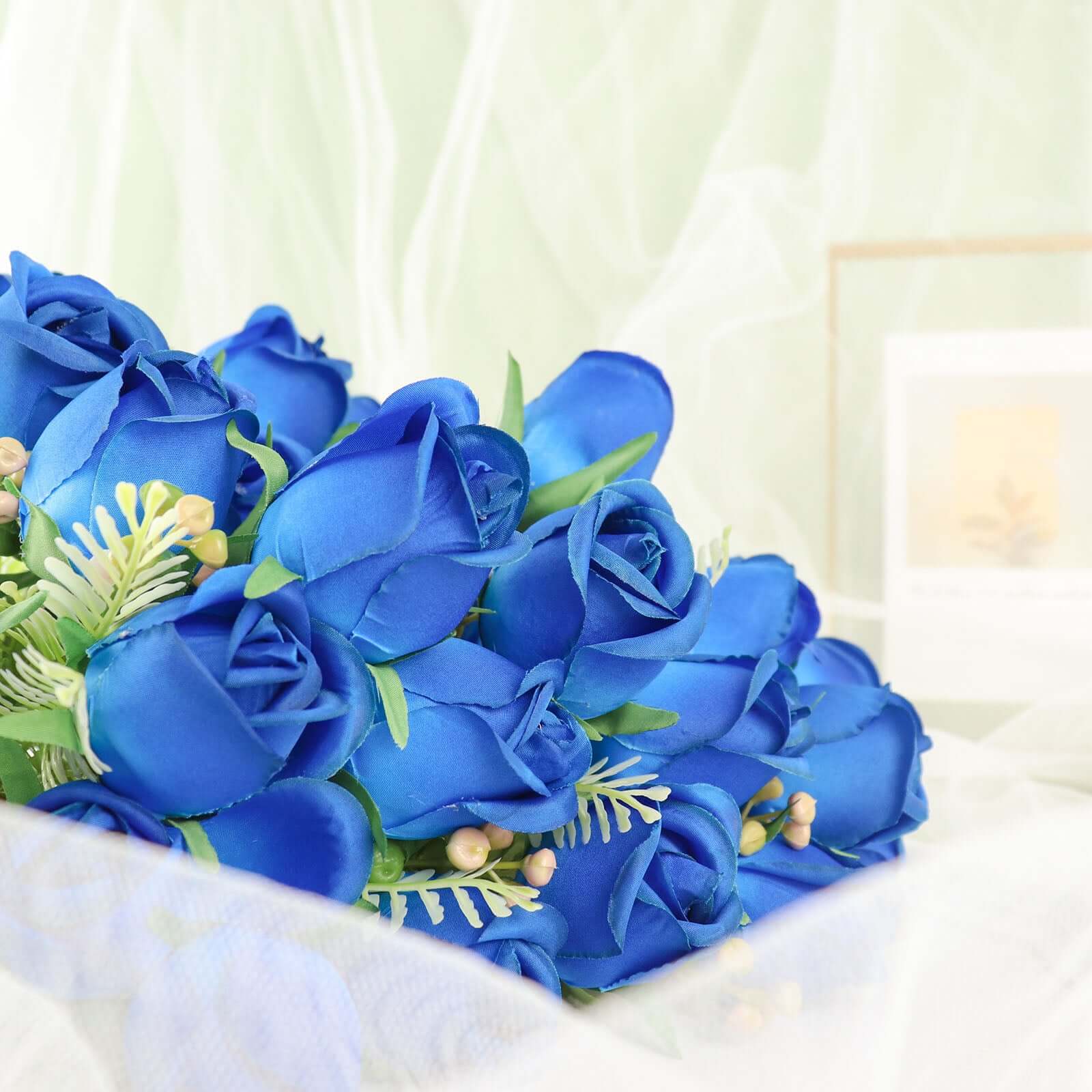 3 Pack 13" Royal Blue Real Touch Silk Rose Bud Flower Bridal Bouquets, Artificial Floral Bush Arrangements