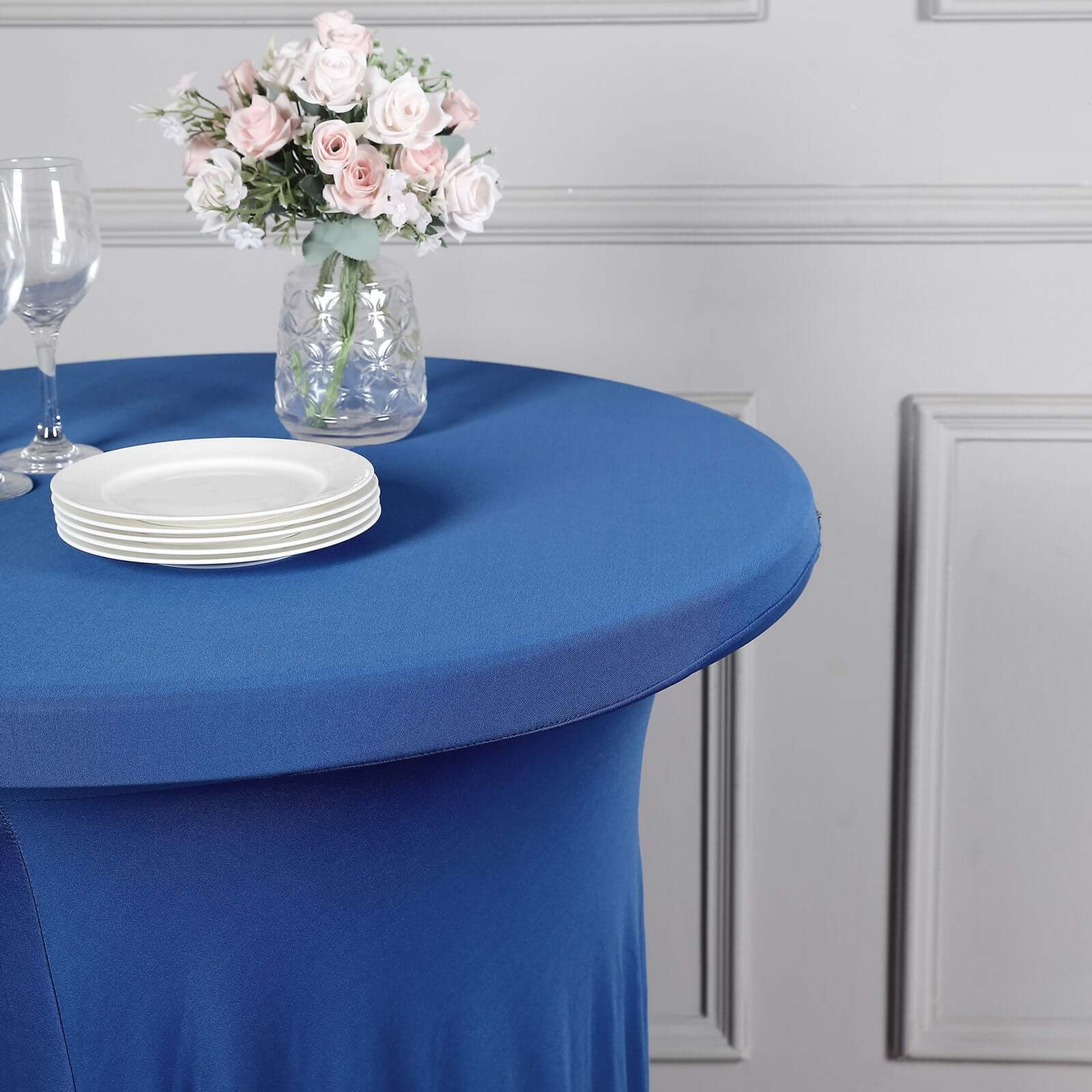 Spandex 32" Round Cocktail Table Cover Skirt Royal Blue With Natural Wavy Drapes