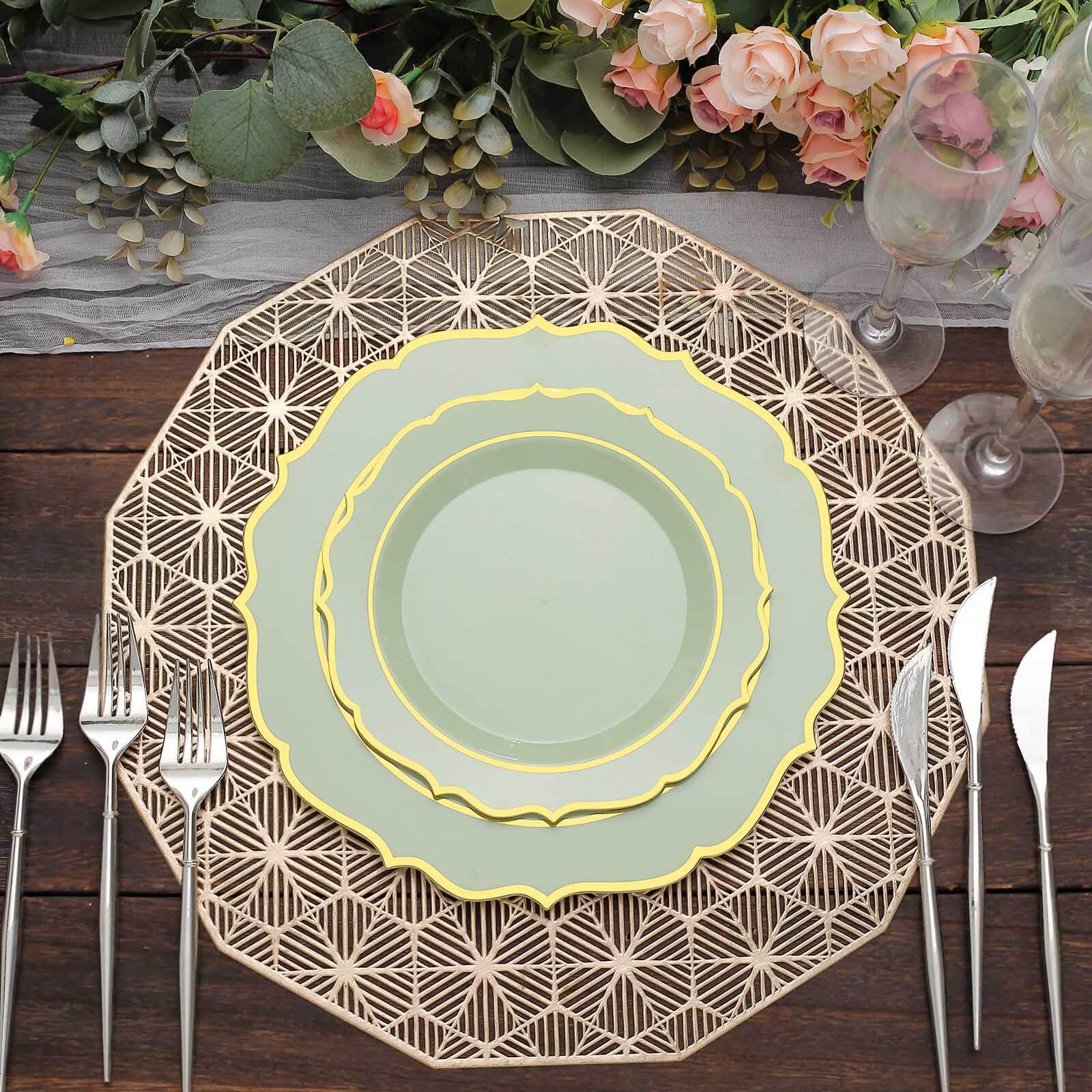 10-Pack Plastic 8" Round Desert Plates in Sage Green with Gold Scalloped Rim - Disposable Appetizer/Salad Plates