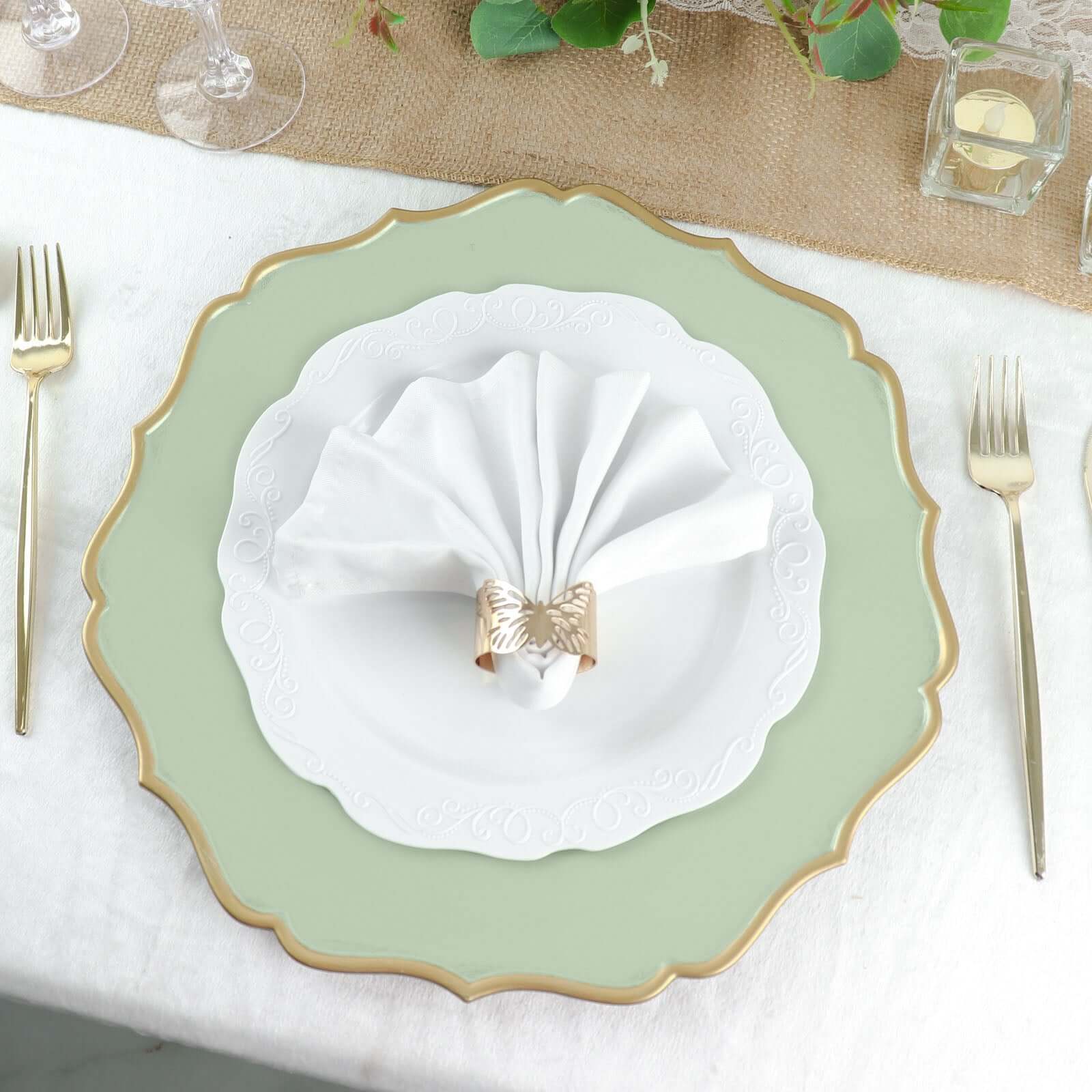 6-Pack Acrylic Round Charger Plates 13" in Sage Sage Green with Gold Scalloped Rim, Decorative Dinner Party Plastic Charger Tableware