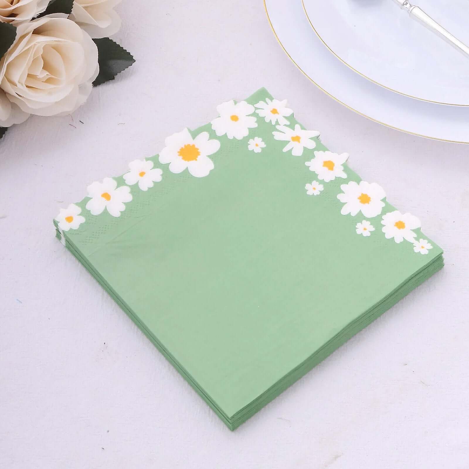 50-Pack Paper Beverage Napkins with Daisy Flower Design Sage Green - 2 Ply Soft 18GSM Floral Wedding Napkins 6.5"x6.5"