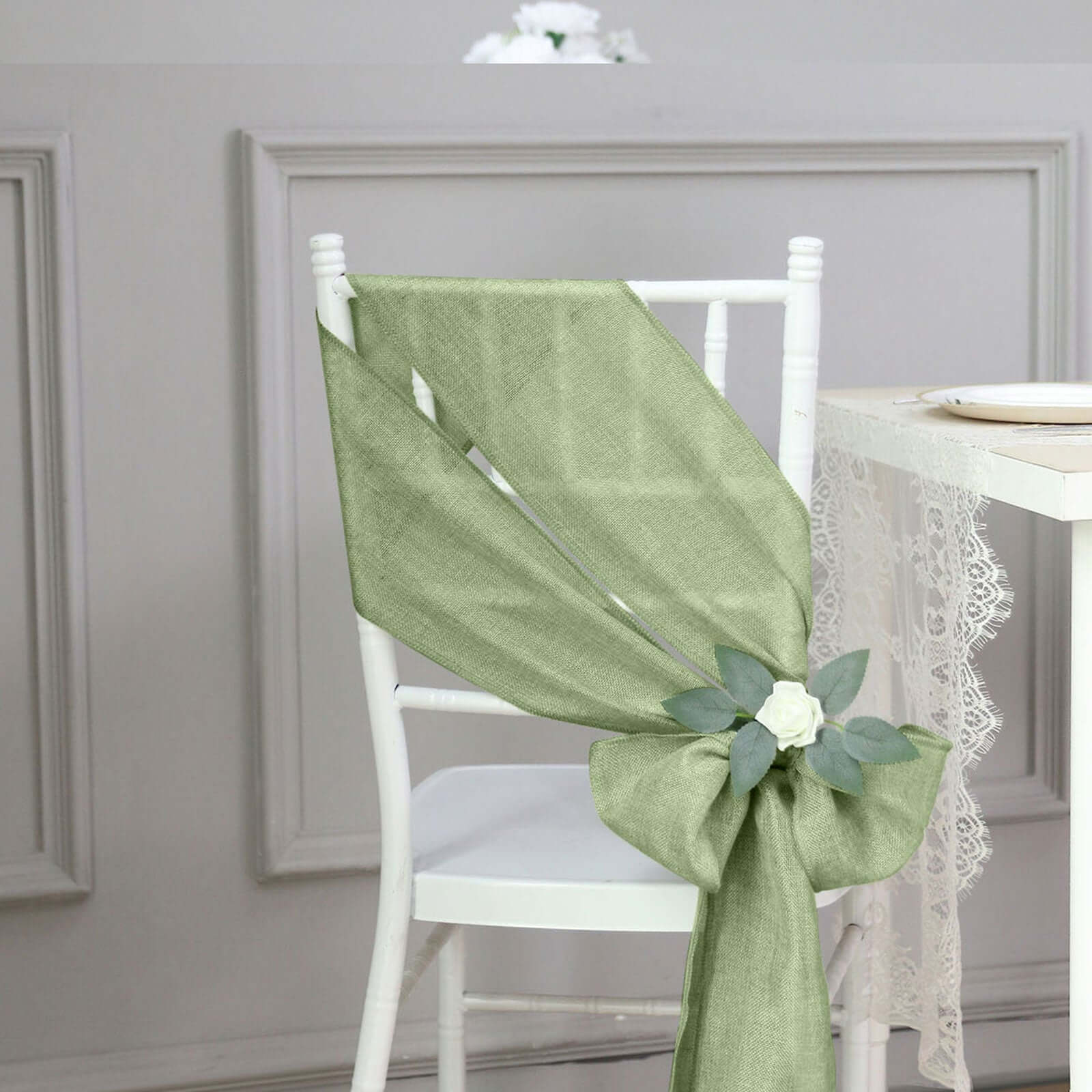 5 Pack Jute Faux Burlap 6"x108" Chair Sashes Sage Green - Boho Chic Linen Decor