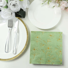 50-Pack Paper Cocktail Napkins with Gold Magnolia Flowers Print Sage Green - Highly 2 Ply Absorbent Soft Napkins for Beverages