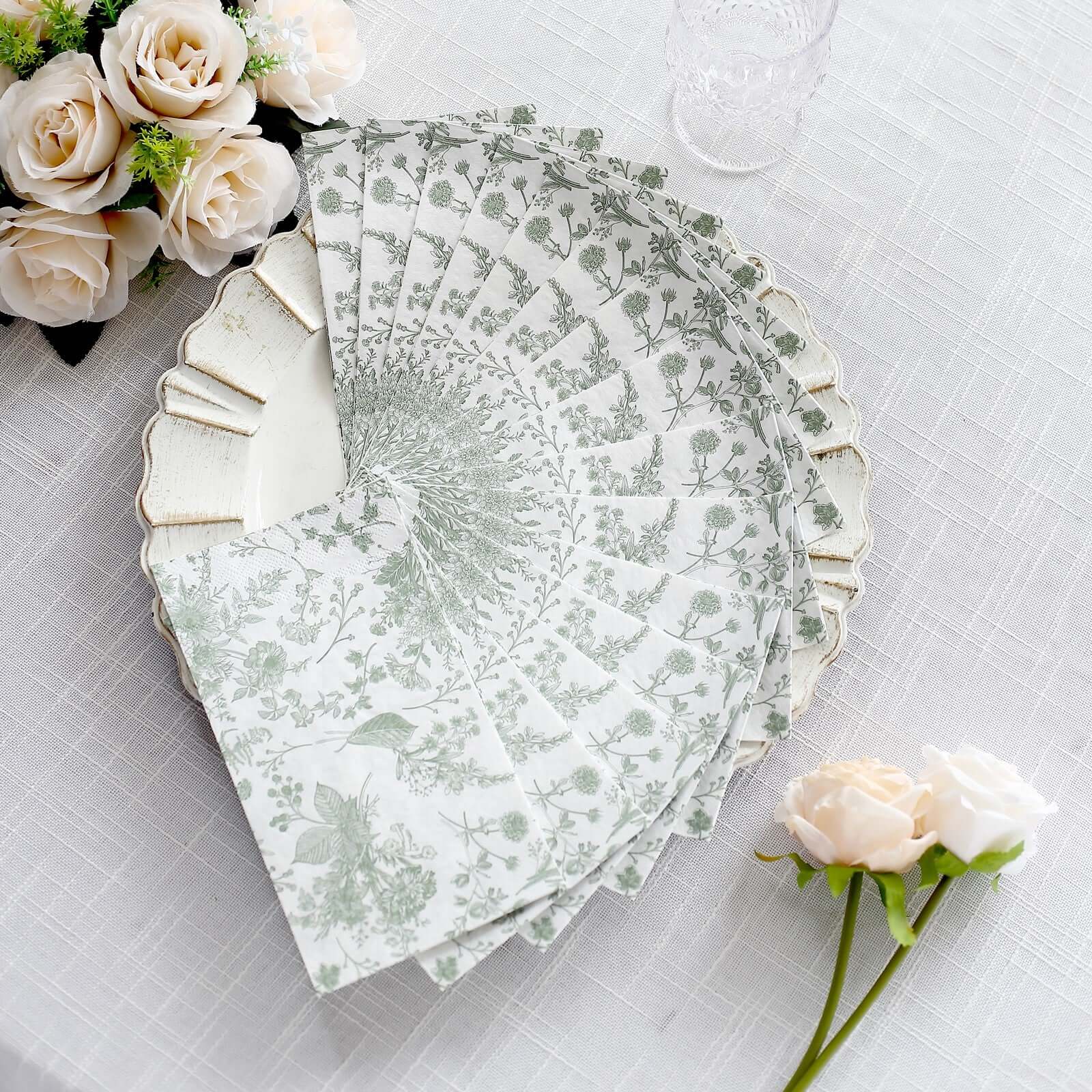 20-Pack Paper Dinner Napkins White/Sage Green with French Toile Pattern 2 Ply - Stylish Disposable Napkins for Parties