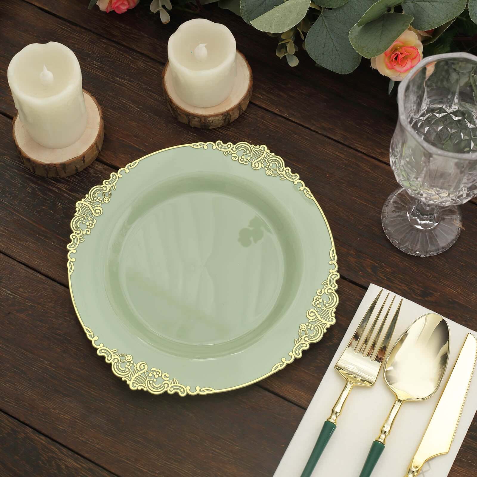 10-Pack Plastic 8" Round Dessert Plates in Sage Green with Gold Leaf Embossed Rim - Disposable Vintage Baroque Style Salad Plates