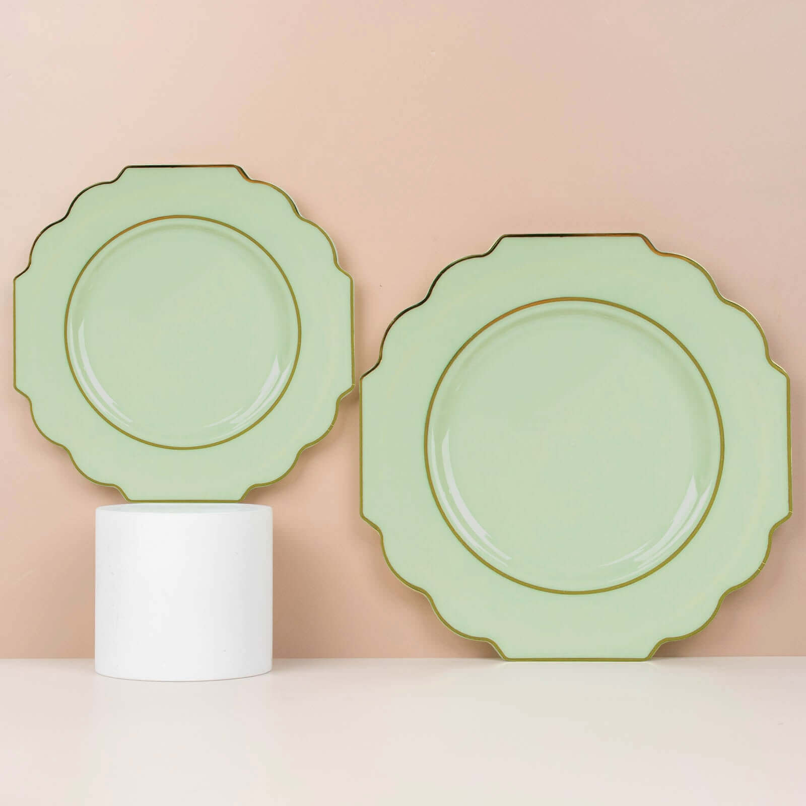 10-Pack Plastic Dessert Appetizer Plates in Sage Green Baroque Design with Scalloped Gold Rim - Heavy Duty Disposable Salad Plates 8"