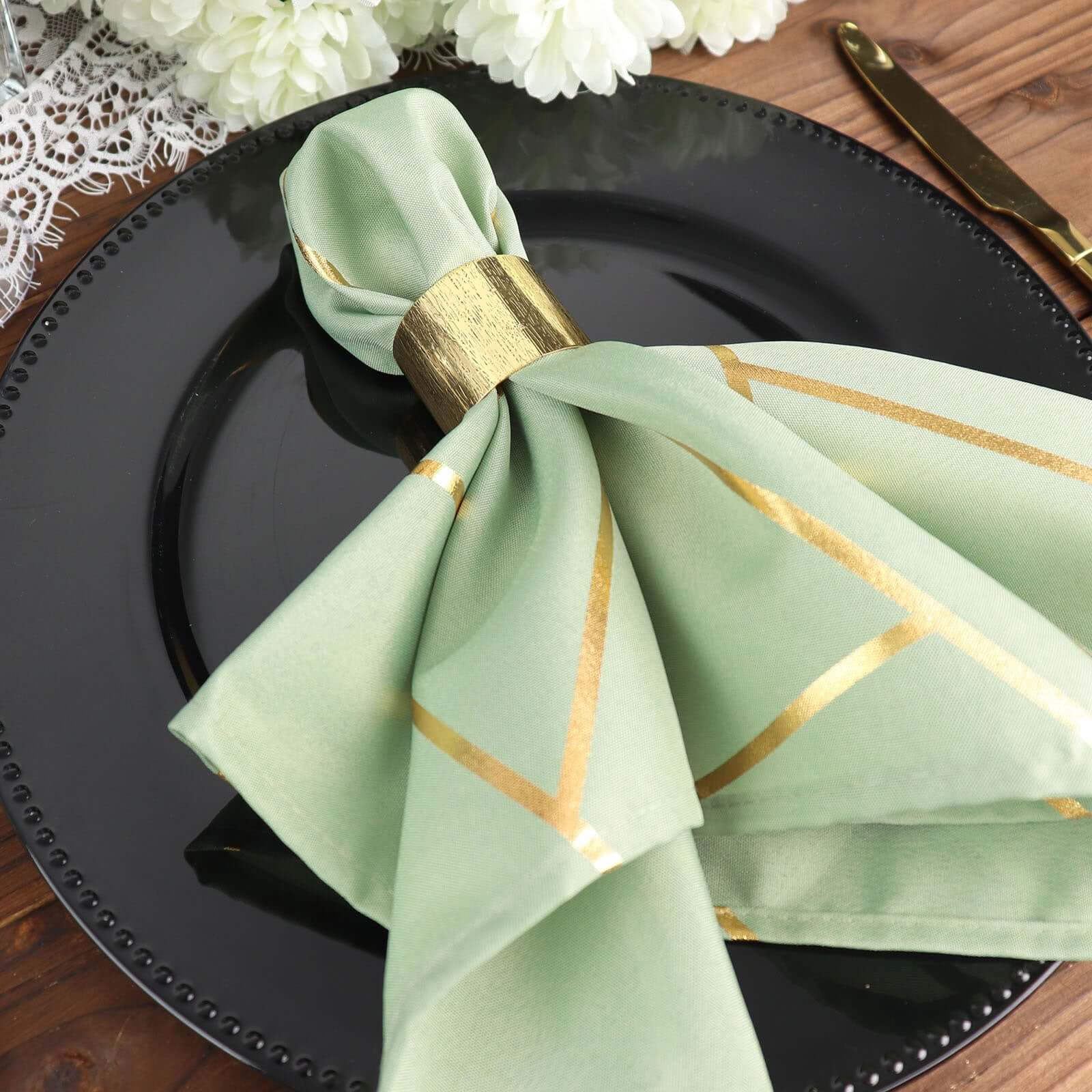 5 Pack Polyester 20"x20" Napkins Sage Green with Gold Geometric Foil Pattern - Modern Reusable Dinner Napkins