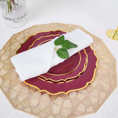 10-Pack Plastic 8" Round Desert Plates in Burgundy with Gold Scalloped Rim - Disposable Appetizer/Salad Plates