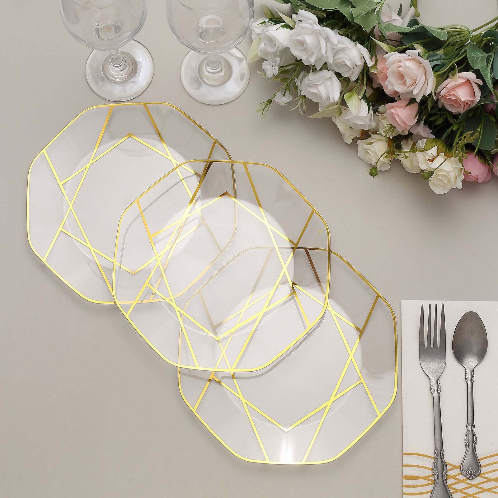 10-Pack Plastic 8" Octagon Dessert Plates in Clear - Modern Disposable Salad/Appetizer Plates with Gold Geometric Design for Special Occasions & Celebrations