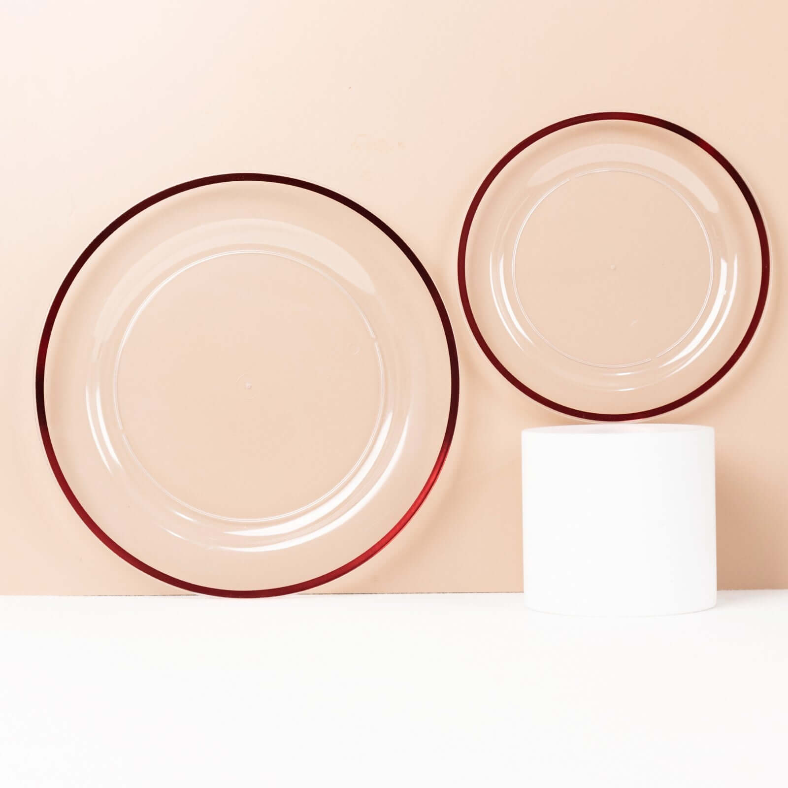 10-Pack Plastic 7" Round Appetizer Plates in Clear with Red Rim - Sleek Disposable Salad Plates for Banquets & Special Occasions