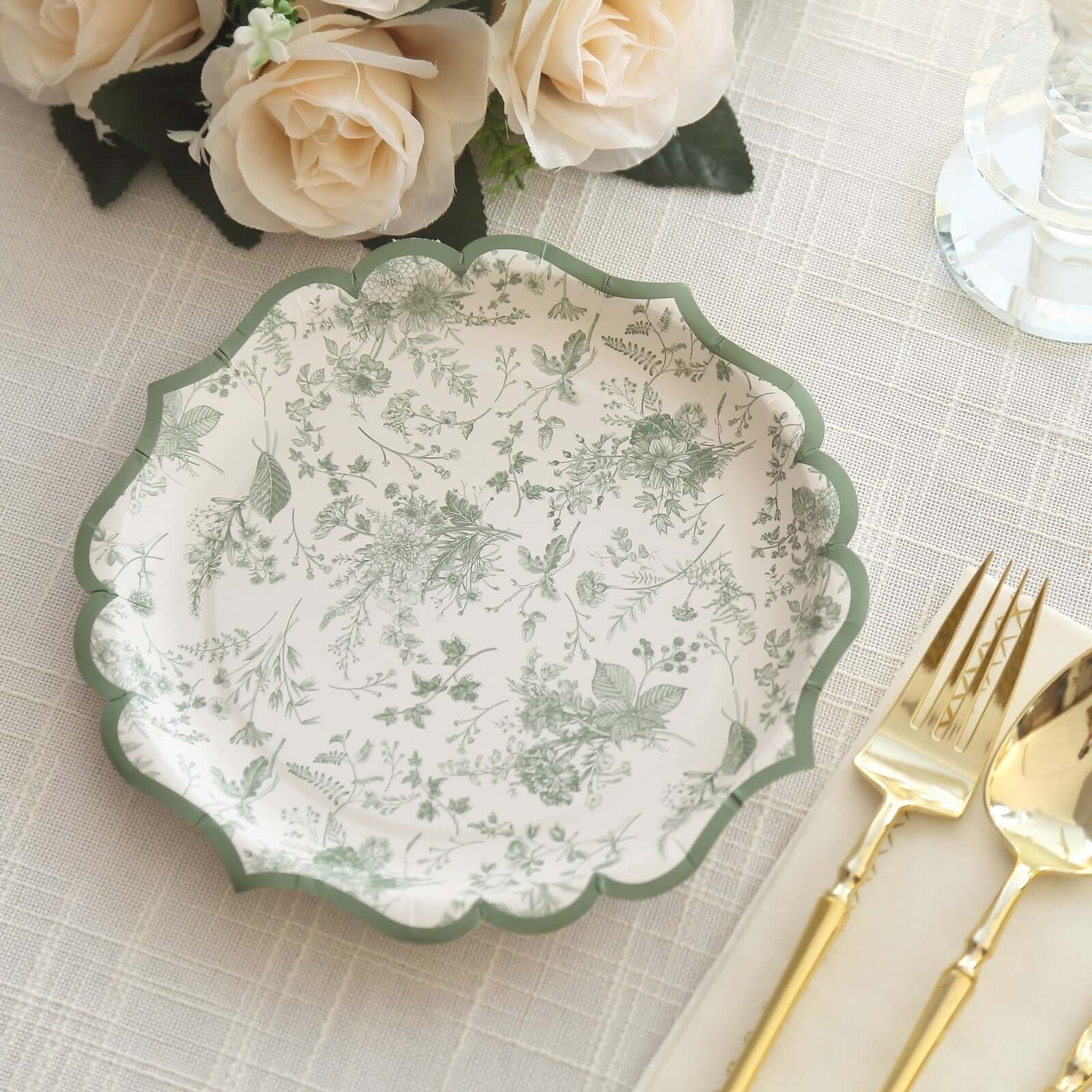 25-Pack Paper 8" Round Dessert Plates in White with Sage Green French Toile Design & Scalloped Rim - Disposable 300GSM Salad Appetizer Plates for Stylish Table Decor