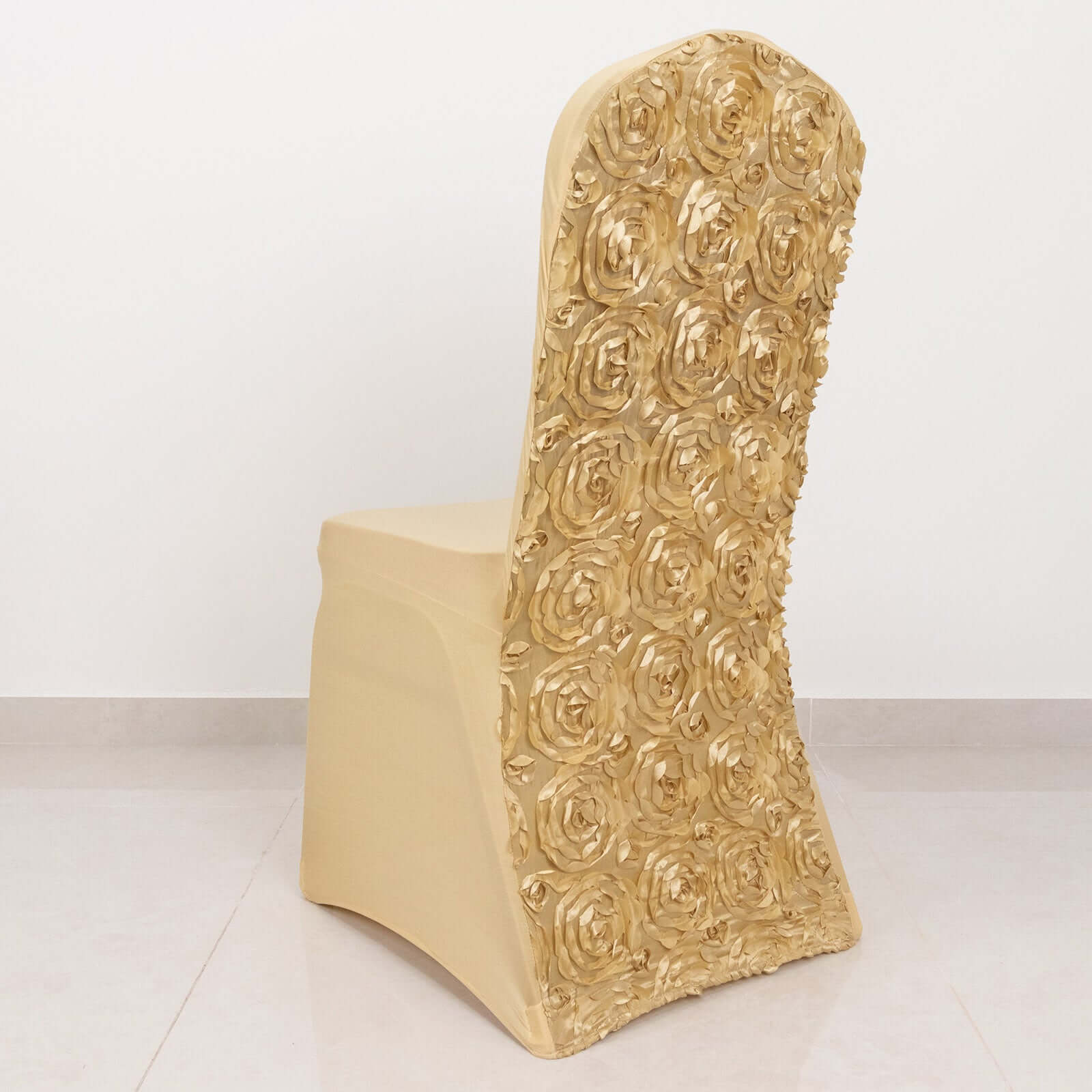 Satin Rosette Chair Cover for Banquet Chairs Champagne - Stretch Fitted Slip-On Slipcover