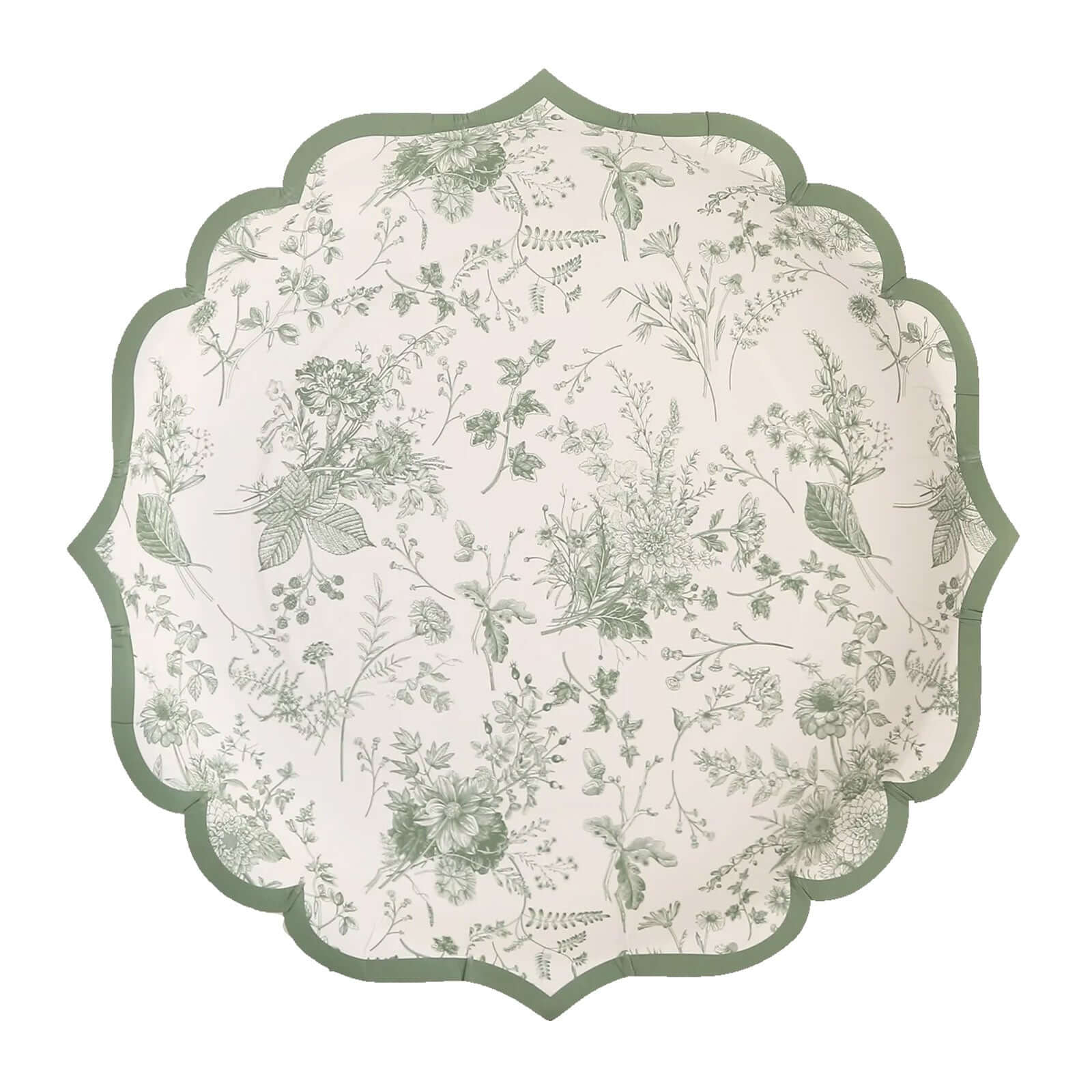 25-Pack Paper 10" Round Dinner Plates in White with Sage Green French Toile Design & Scalloped Rim - Disposable 300GSM Party Plates for Classy Events & Special Occasions