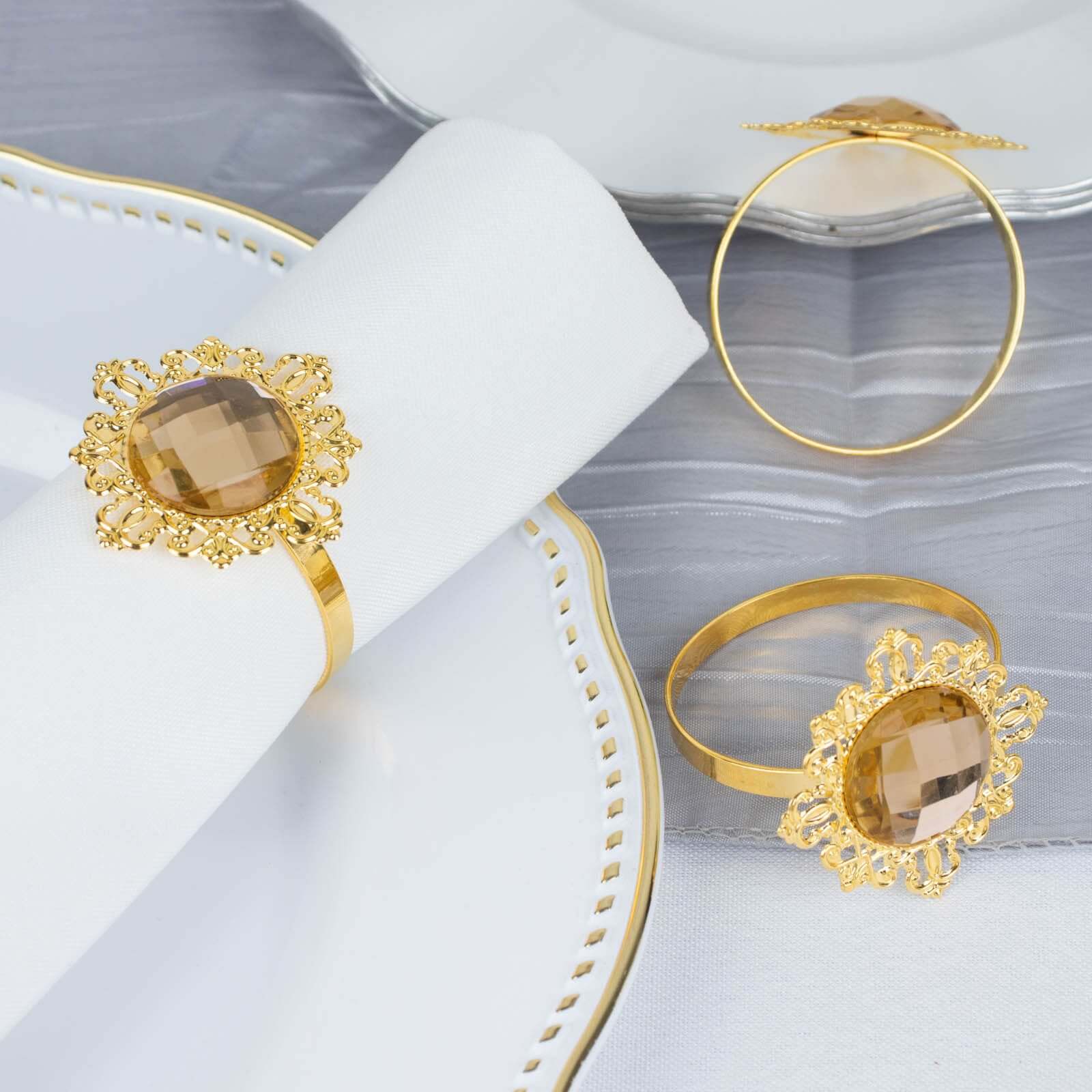 6 Pack 2" Gold Metal Crystal Rhinestone Napkin Rings, Diamond Bling Napkin Holders