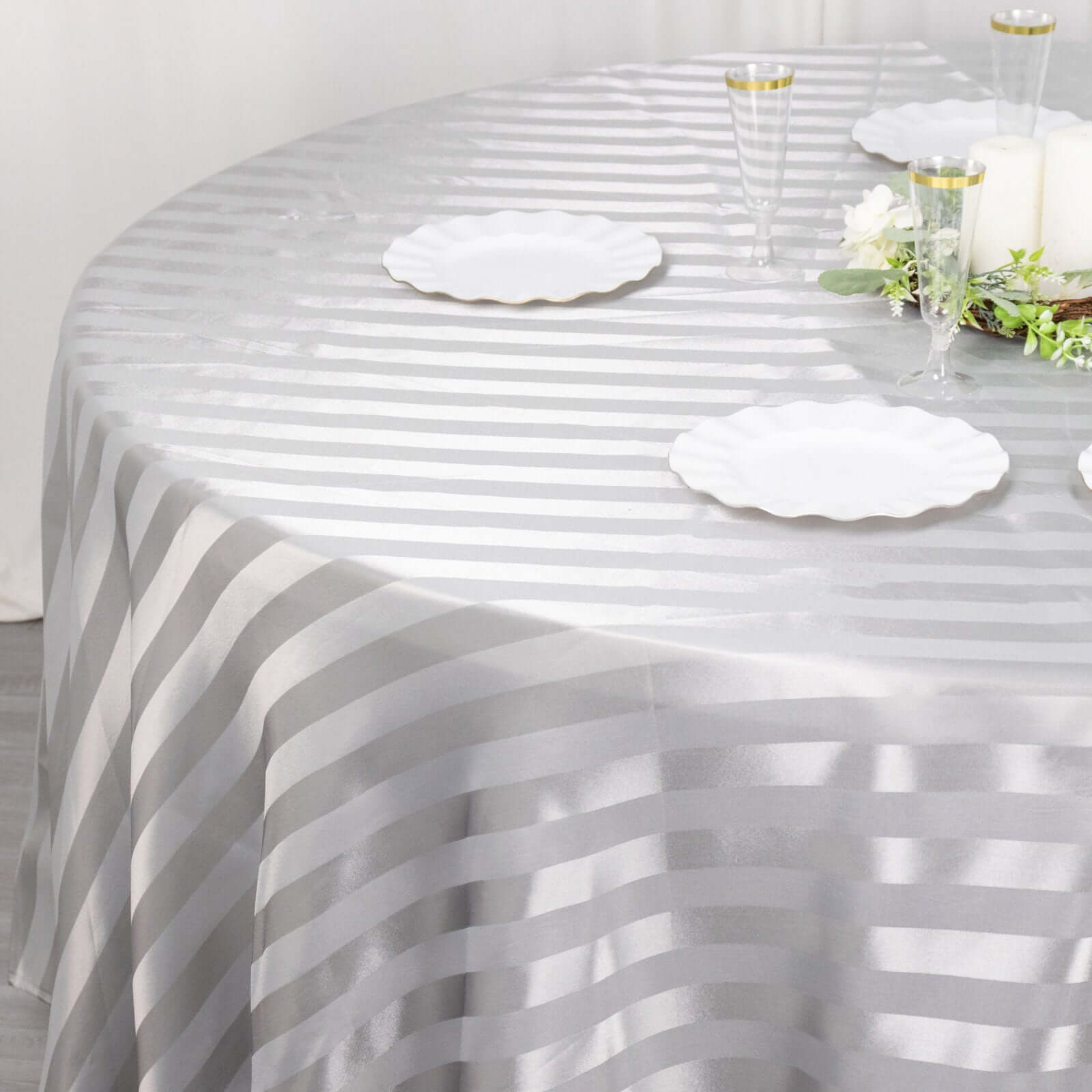 Satin Striped 120" Round Tablecloth Silver Satin Stripe - Silky Smooth Seamless Table Cover