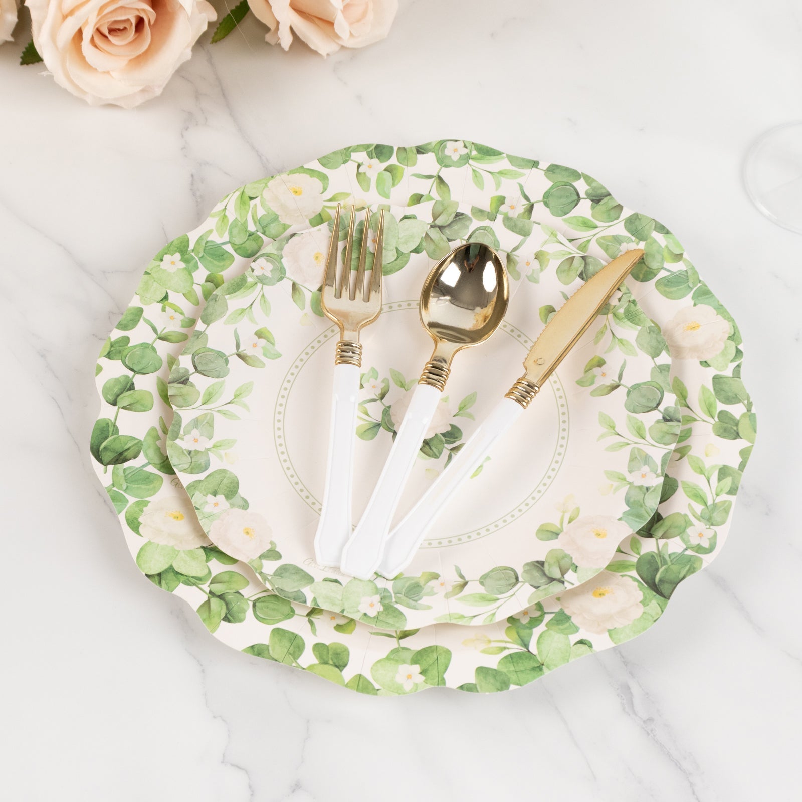 25-Pack Paper 8" Round Dessert Plates in White with Floral Greenery & Scalloped Edges - Disposable Appetizer Salad Plates for Rustic Weddings & Garden Brunches
