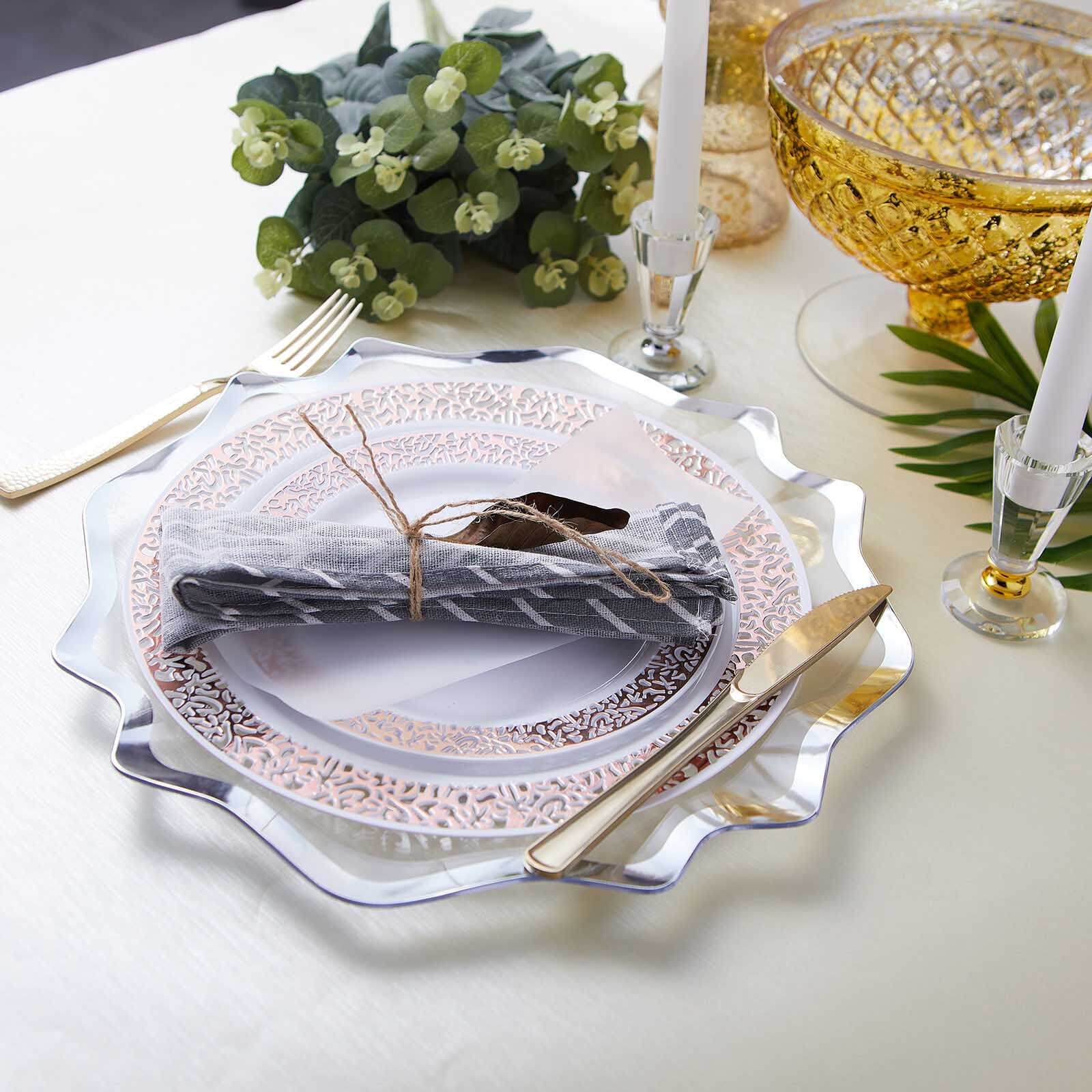 6-Pack Acrylic Plastic Round Charger Plates 13" in Clear with Silver Scalloped Edge, Exquisite Dinner Serving Plates