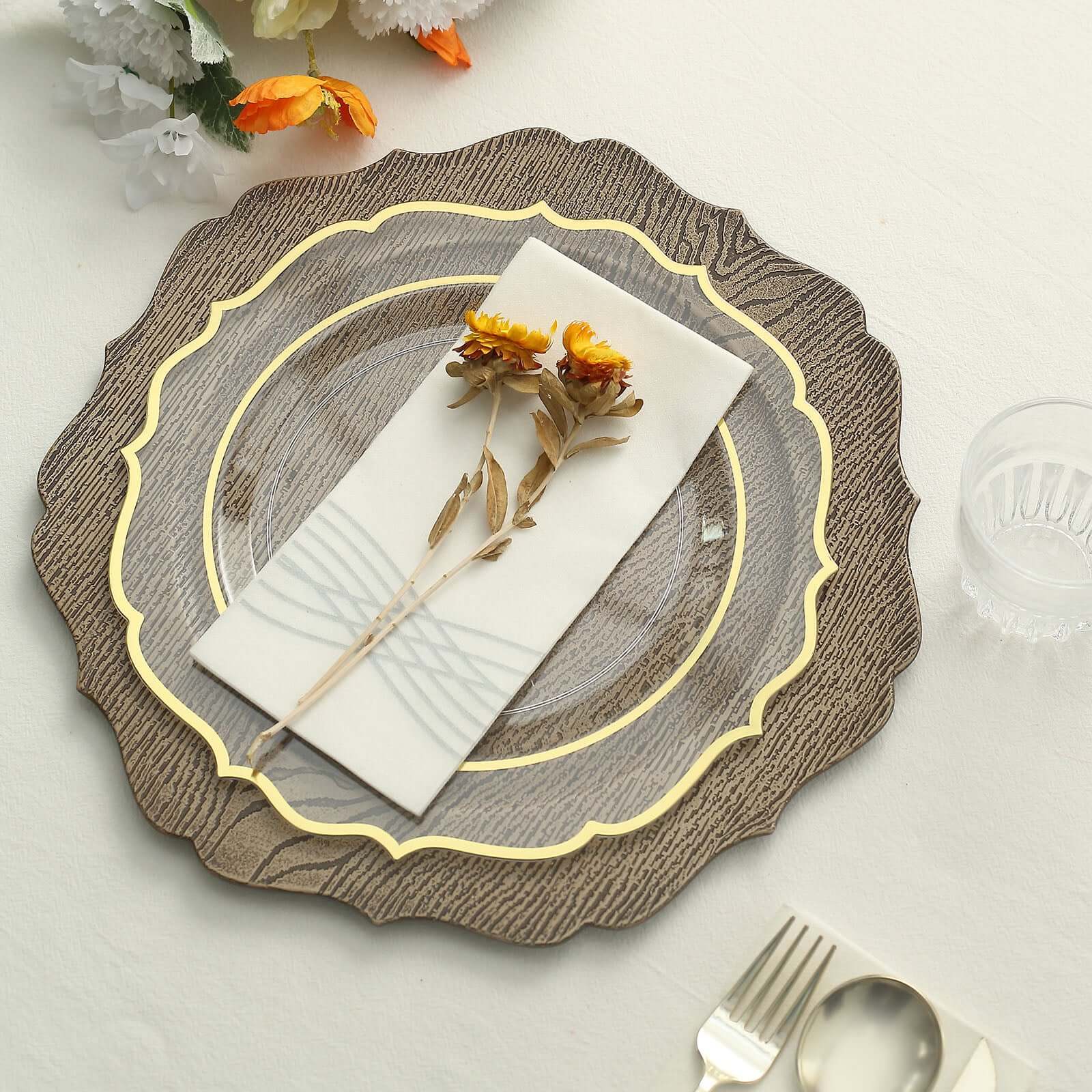 6-Pack Acrylic Round Charger Plates 13" in Rustic Natural with Wood Grain Scalloped Rim, Decorative Dinner Party Charger Tableware