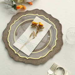 6-Pack Acrylic Round Charger Plates 13" in Rustic Natural with Wood Grain Scalloped Rim, Decorative Dinner Party Charger Tableware