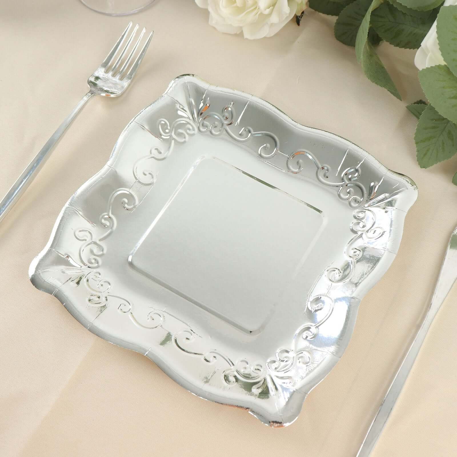 25-Pack Paper 7" Square Dessert Plates in Silver with Vintage Pottery Embossed Design - Shiny Metallic Disposable Appetizer Plates