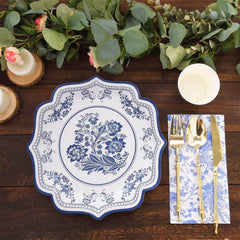 25-Pack Paper Dinner Plates in White Light Blue Damask Floral Print & Scallop Rim - Stylish Disposable 300GSM Floral Party Plates 10"