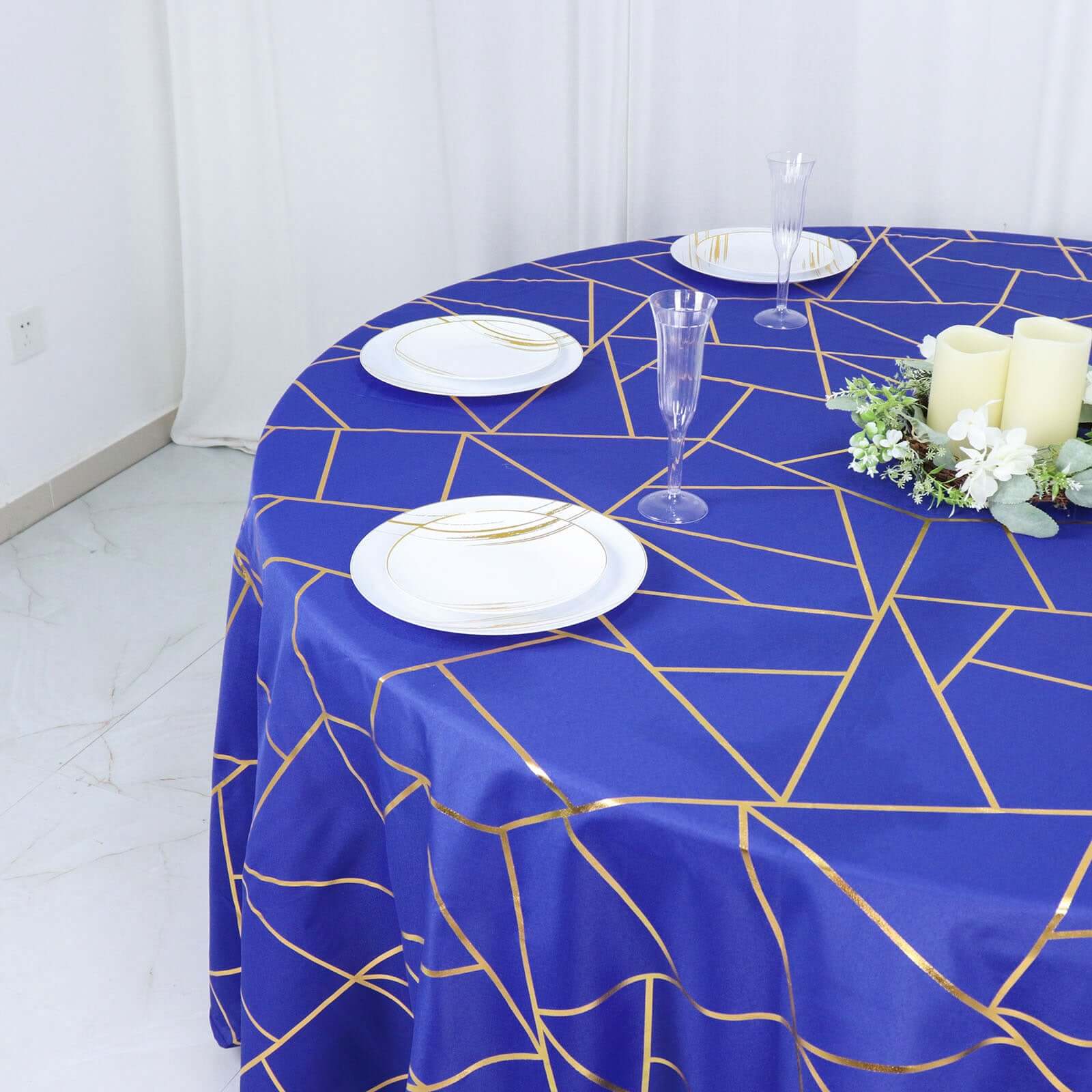 Polyester 120" Round Tablecloth Royal with Gold Foil Geometric Pattern Wrinkle-Resistant Seamless Table Cover
