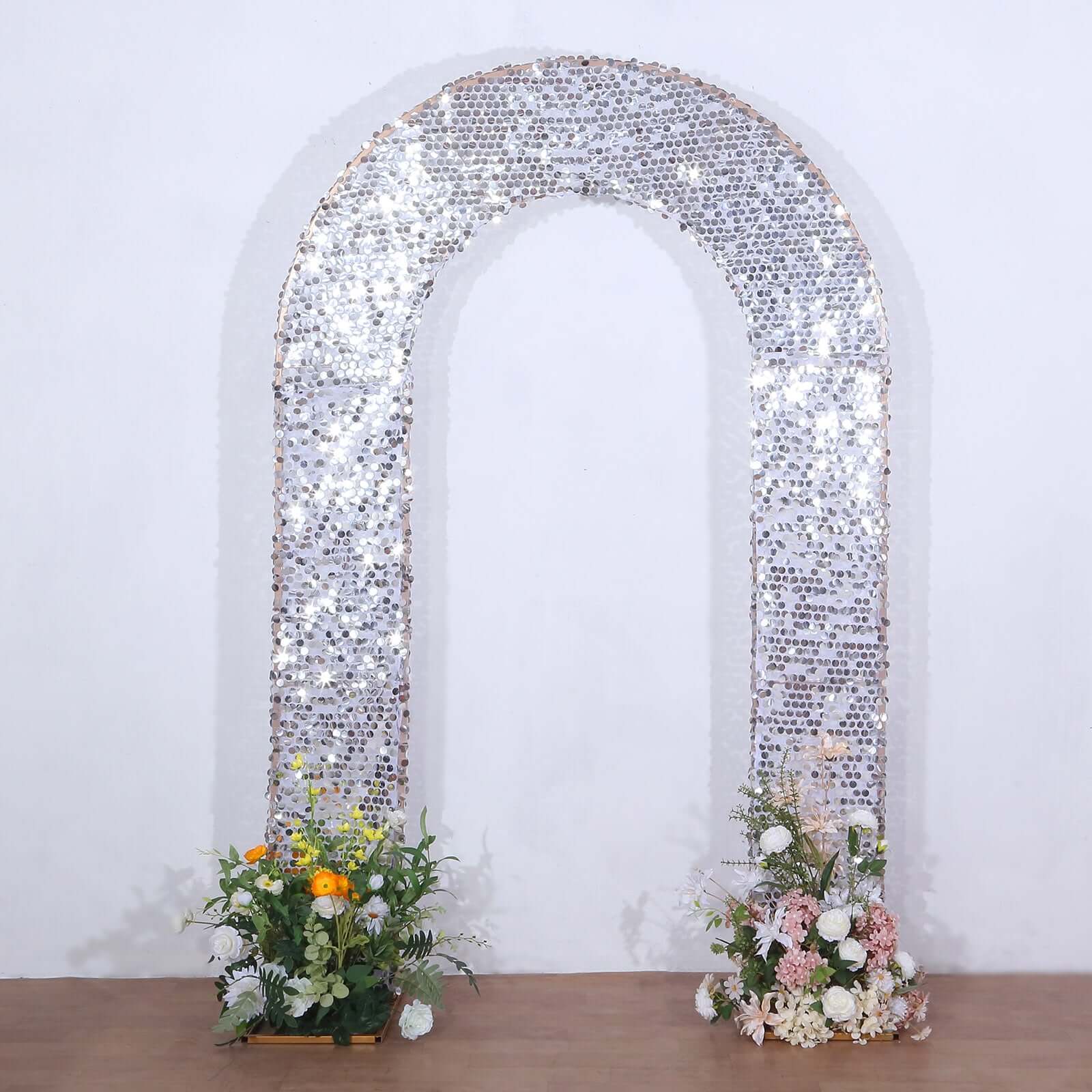 8ft Silver Double Sided Big Payette Sequin Open Arch Wedding Arch Cover, U-Shaped Fitted Wedding Backdrop Slipcover