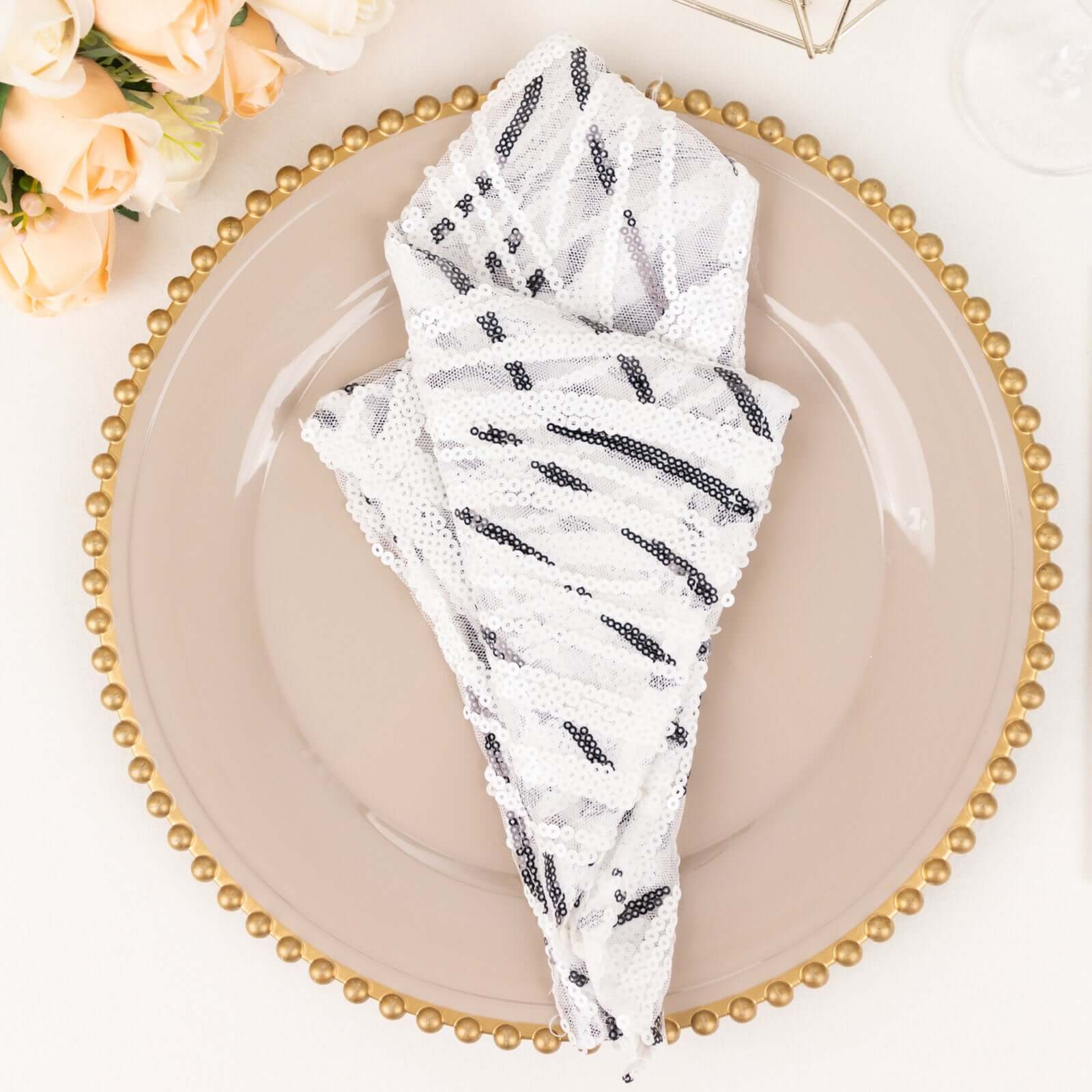 Sequin Mesh 20"x20" Napkin White Black - Wave Embroidered Reusable Napkin