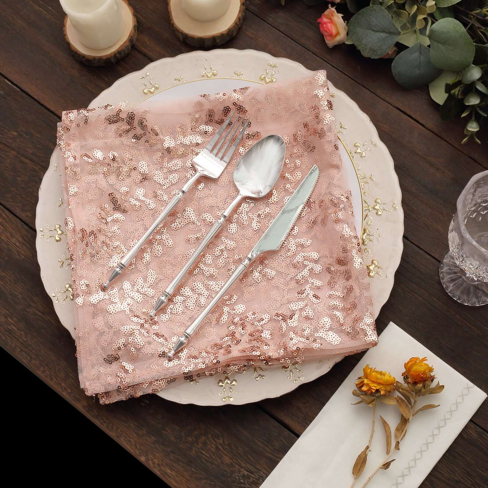 Sequin Tulle 20"x20" Napkin Rose Gold - Embroidered Leaf Vine Dinner Napkins