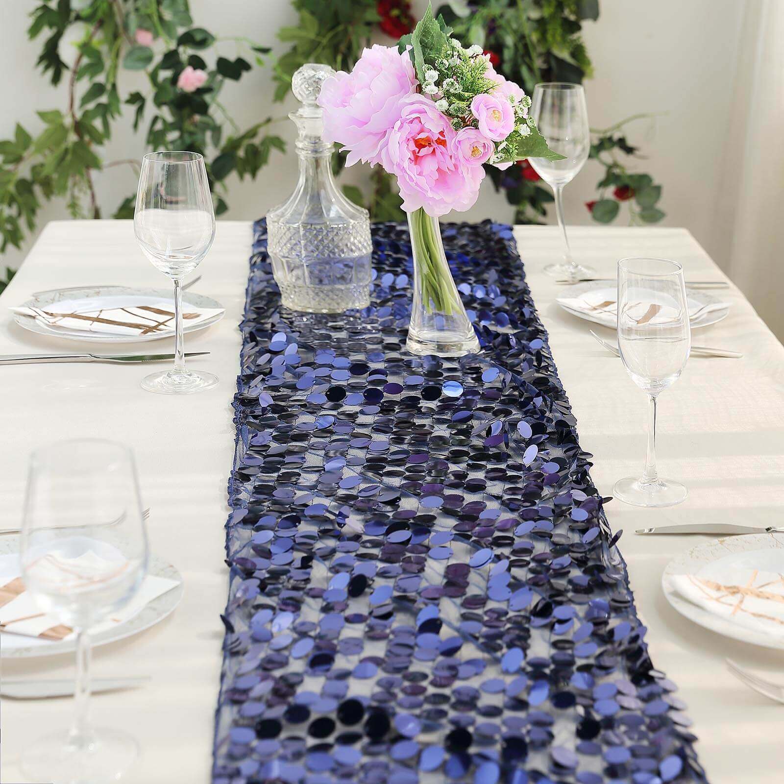 Big Payette Sequin 13"x108" Table Runner Navy Blue - Dazzling Design