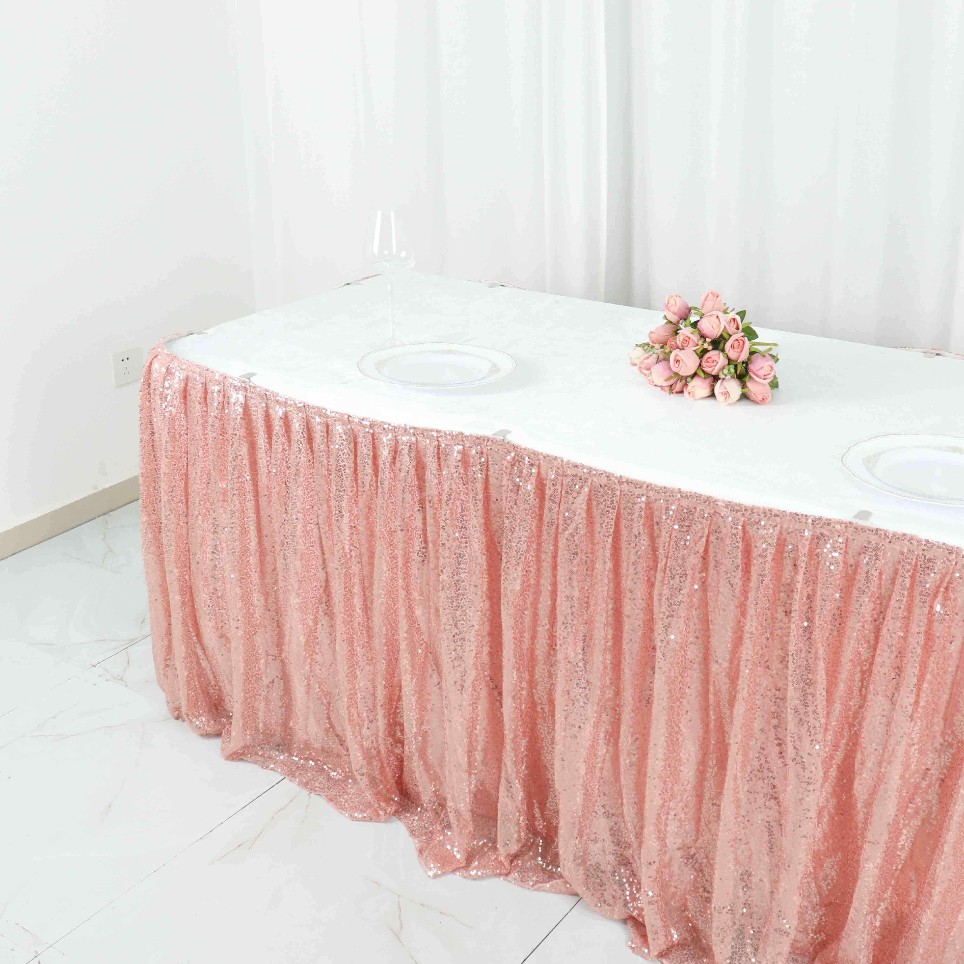 Sequin 17ft Table Skirt Rose Gold - Pleated Satin With Top Velcro Strip