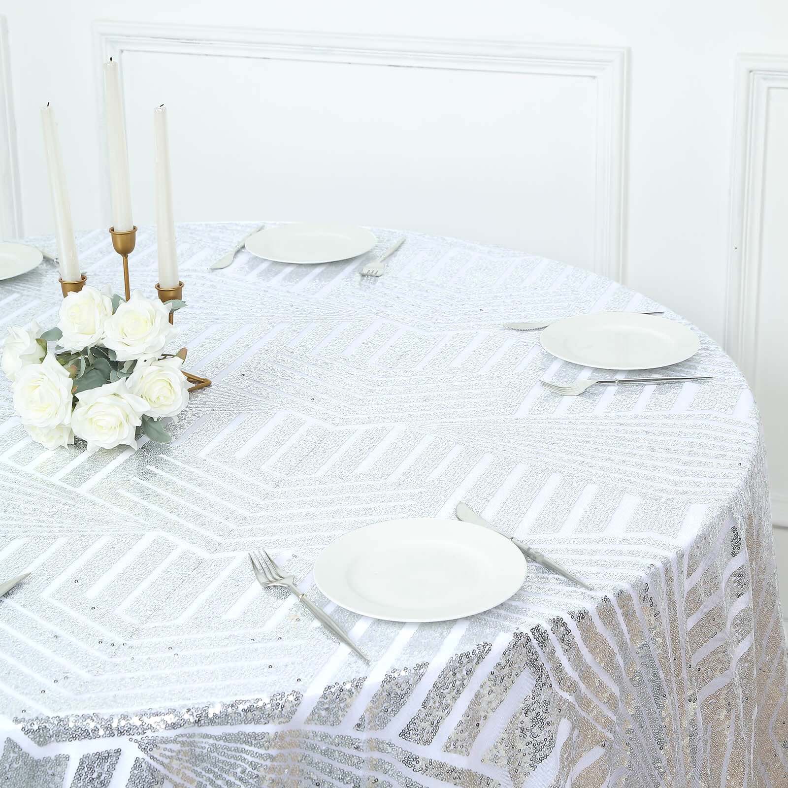 Sequin 120" Round Tablecloth Silver - Seamless Diamond Glitz Table Cover