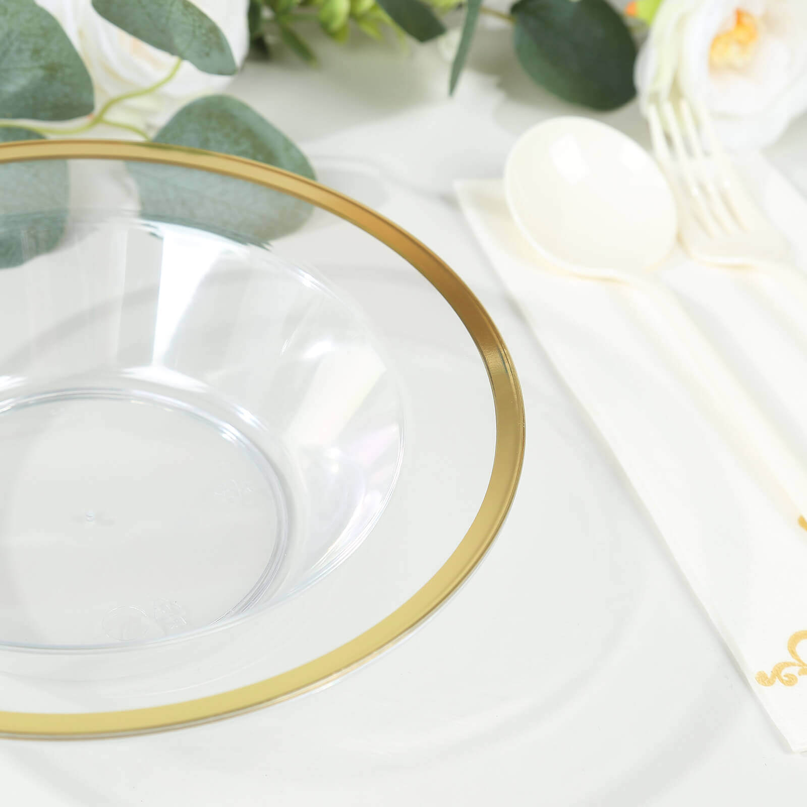 20-Pack Plastic Dessert Serving Bowls Clear Round Design with Gold Rim - Disposable Salad Soup Bowls 12oz